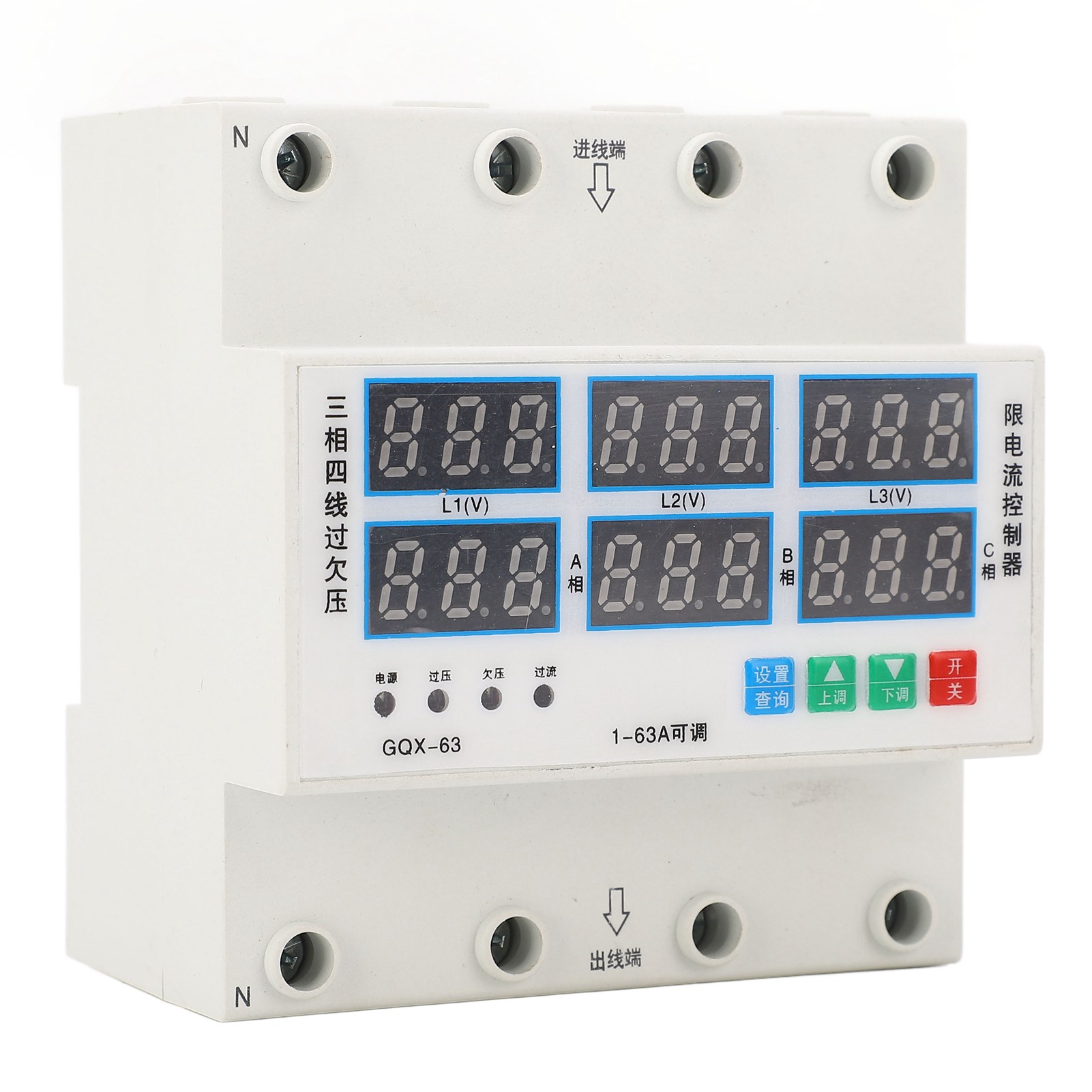 Überspannungs- Und Unterspannungsschutz, Drehstrom, 4-leiter, Einstellbares Amperemeter 1 A – 63 A, 140 – 500 V