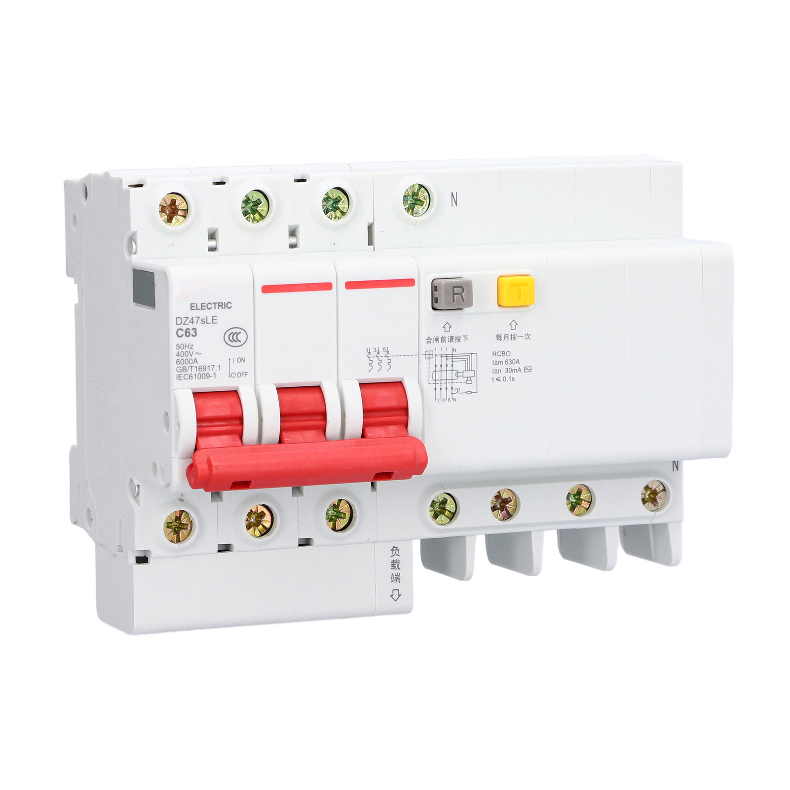 Miniatur-dreiphasen-leistungsschalter C63 Mit Neutralleiter, Din-schienenmontage, Für Haushaltstextilien, 63 A, 400 V Ac