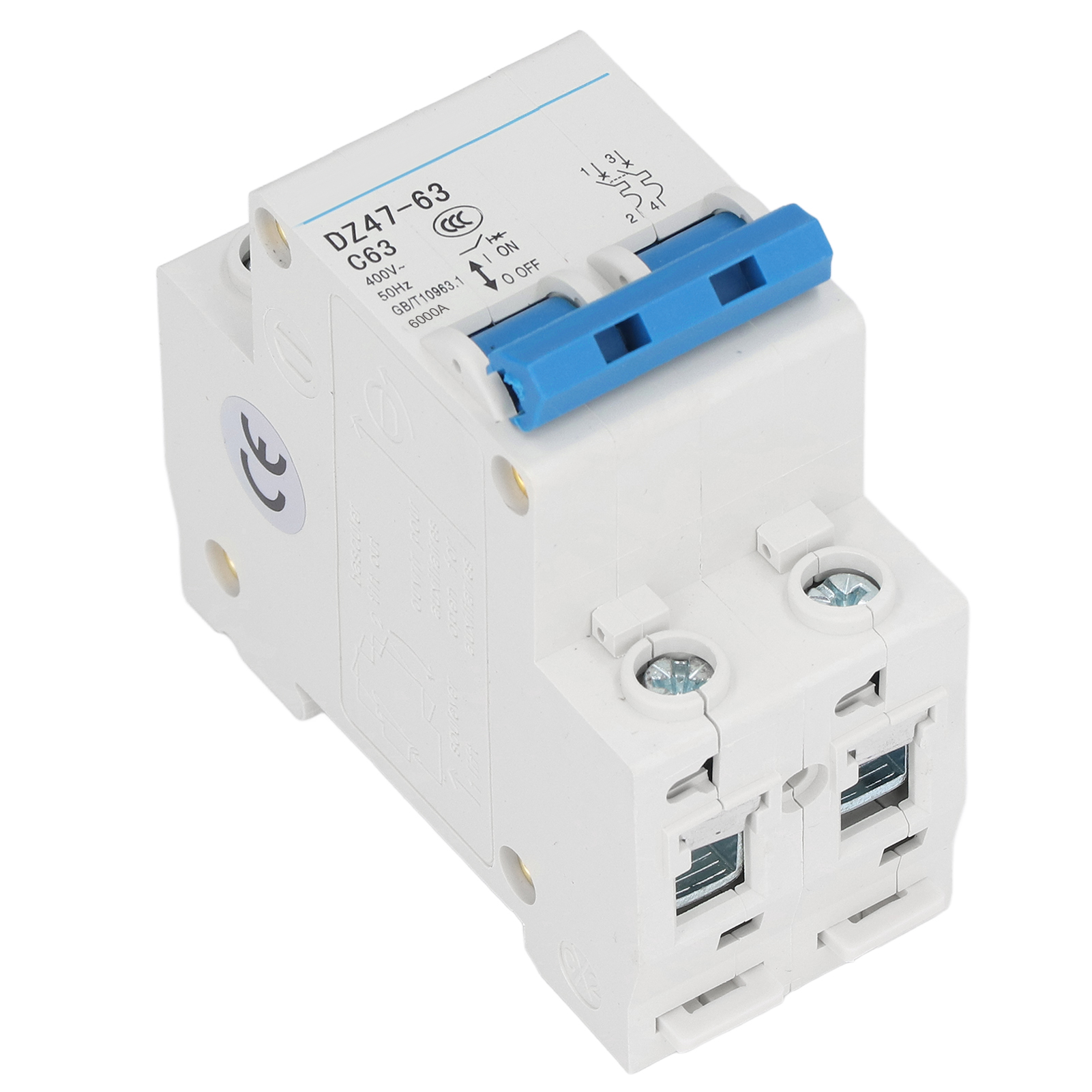 Pa66 Zweipoliger Leitungsschutzschalter, Kurzschlussschutz, Din-schienenmontage, 400 V, 63 A Abschaltvermögen, 4500 A/6000 A Universell