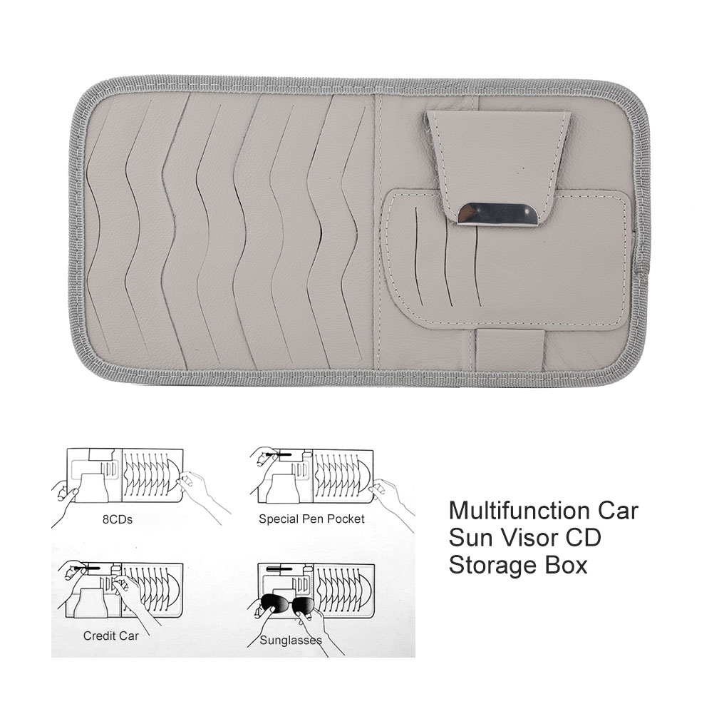 Multifunktionale Aufbewahrungstasche Für Cds Aus Grauem Pu-leder Für Die Sonnenblende Im Auto, Inklusive Ständer Und Sonnenschutz.