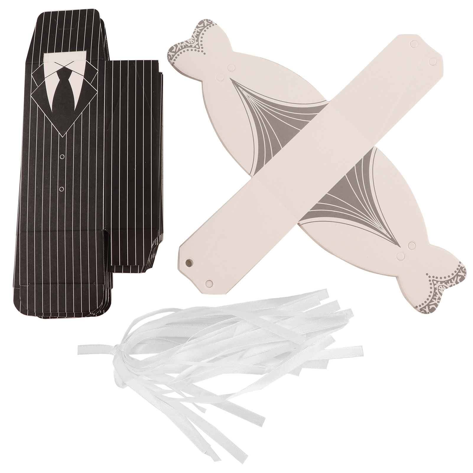 Set Mit 50 Gastgeschenkboxen In Form Eines Smokings Und Eines Kleides, Mit Schleife Und Papierhülle Zum Verpacken