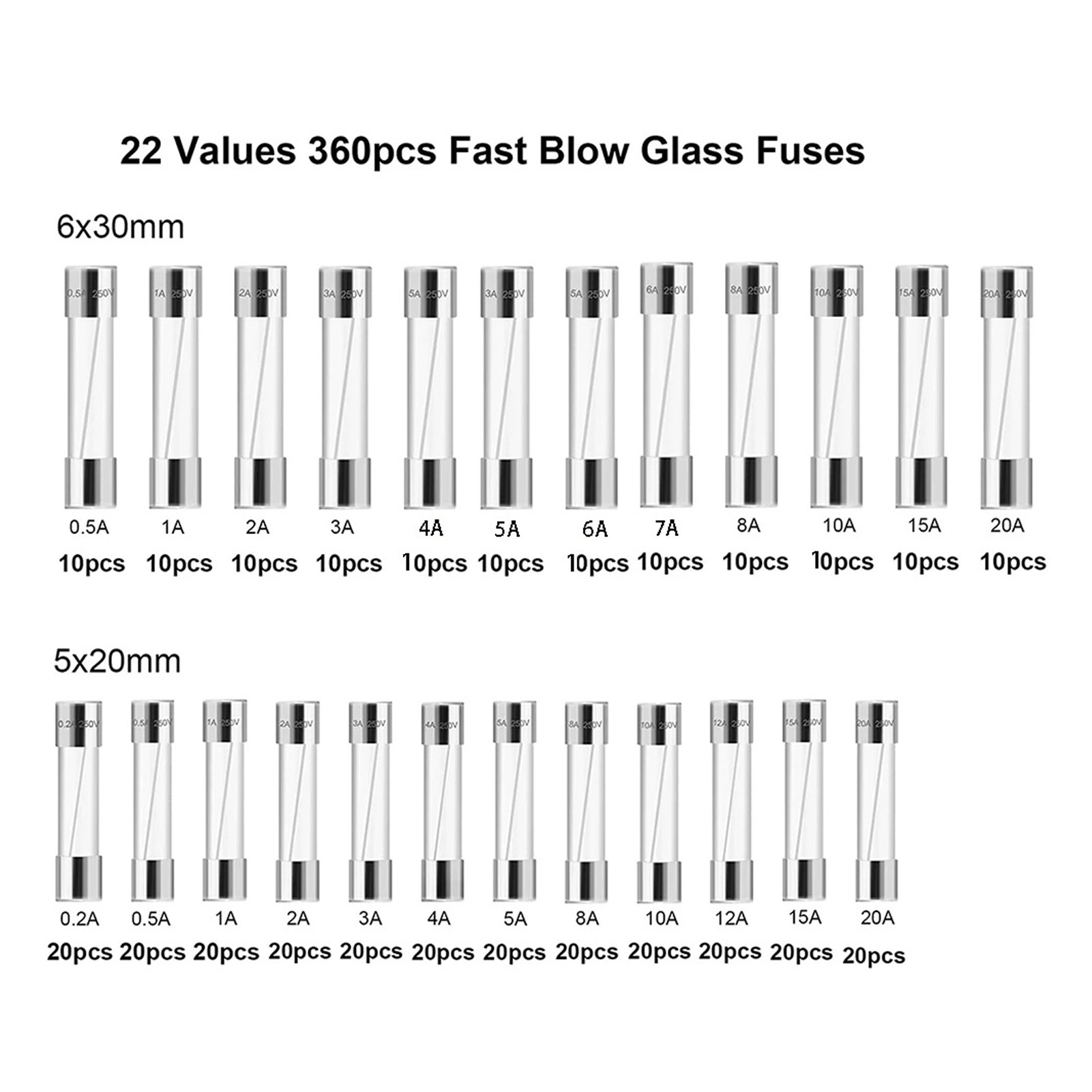 Satz Mit 360 Glassicherungen (0,25 A Bis 20 A, 24 Typen, 6 X 30 Mm Und 5 X 20 Mm) Zum Schutz Von Stromkreisen