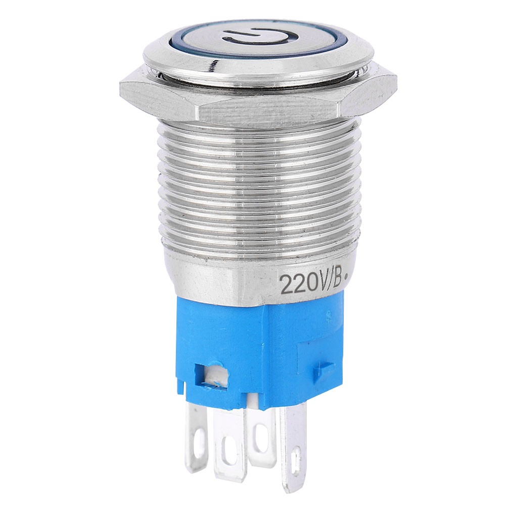 Runder, Flacher Metall-druckknopfring Mit Blauer Led, Automatischer Rückstellung Und Betriebsanzeige, 16 Mm (220 V)