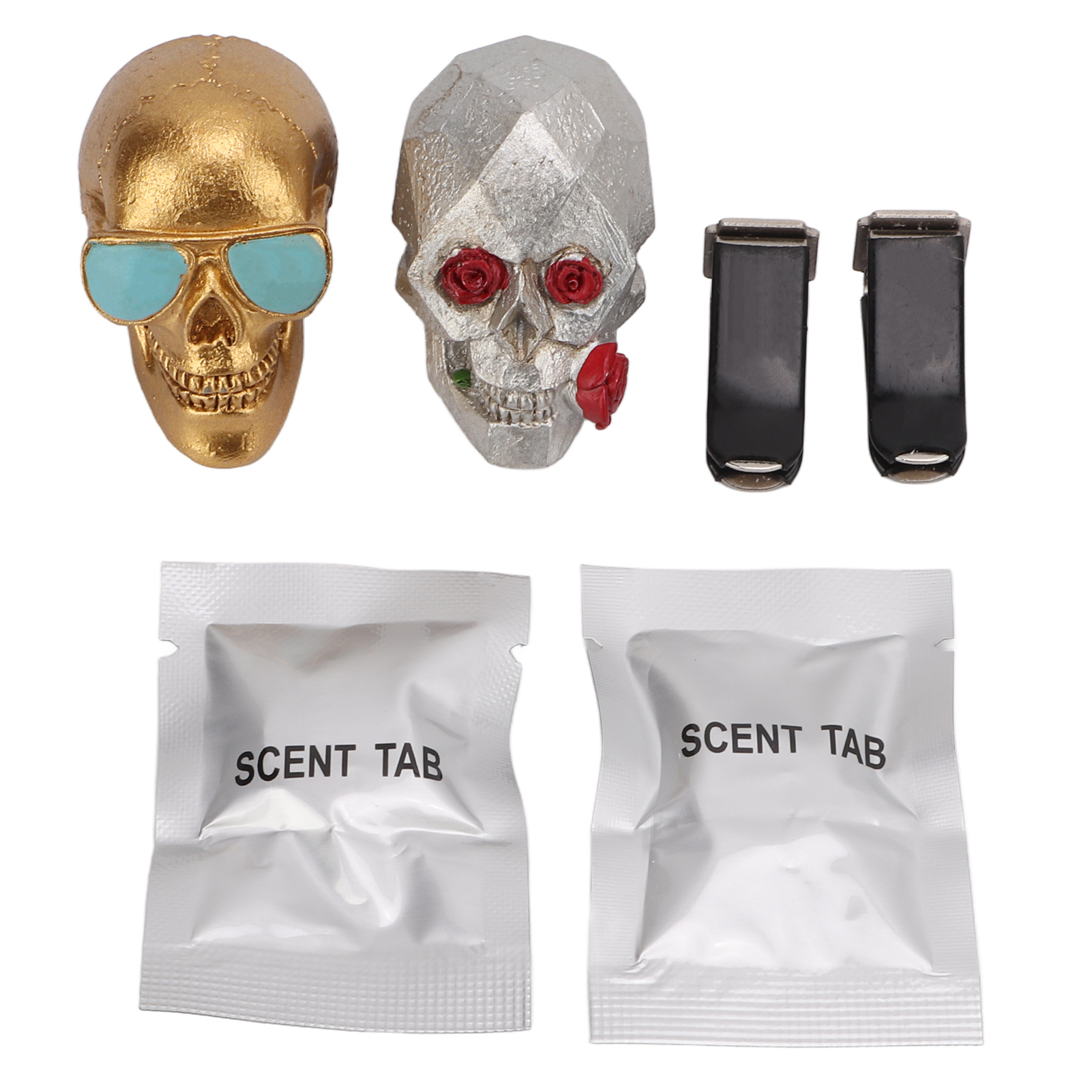 Set Aus 2 Dekorativen Auto-totenkopf-ornamenten Aus Kunstharz Mit Totenkopf- Und Rosenförmigen Aromatherapie-tabletten Zur Platzierung An Den Lüftungsschlitzen.