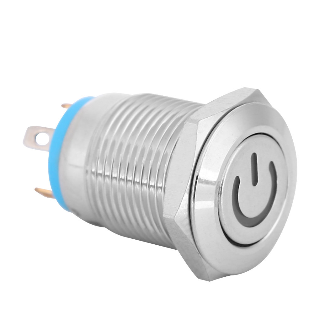 12-mm-metall-druckknopfschalter Mit Betriebssymbol, Blauer Led-anzeige, Automatischer Rückstellung, 1 Schließer (12 V)