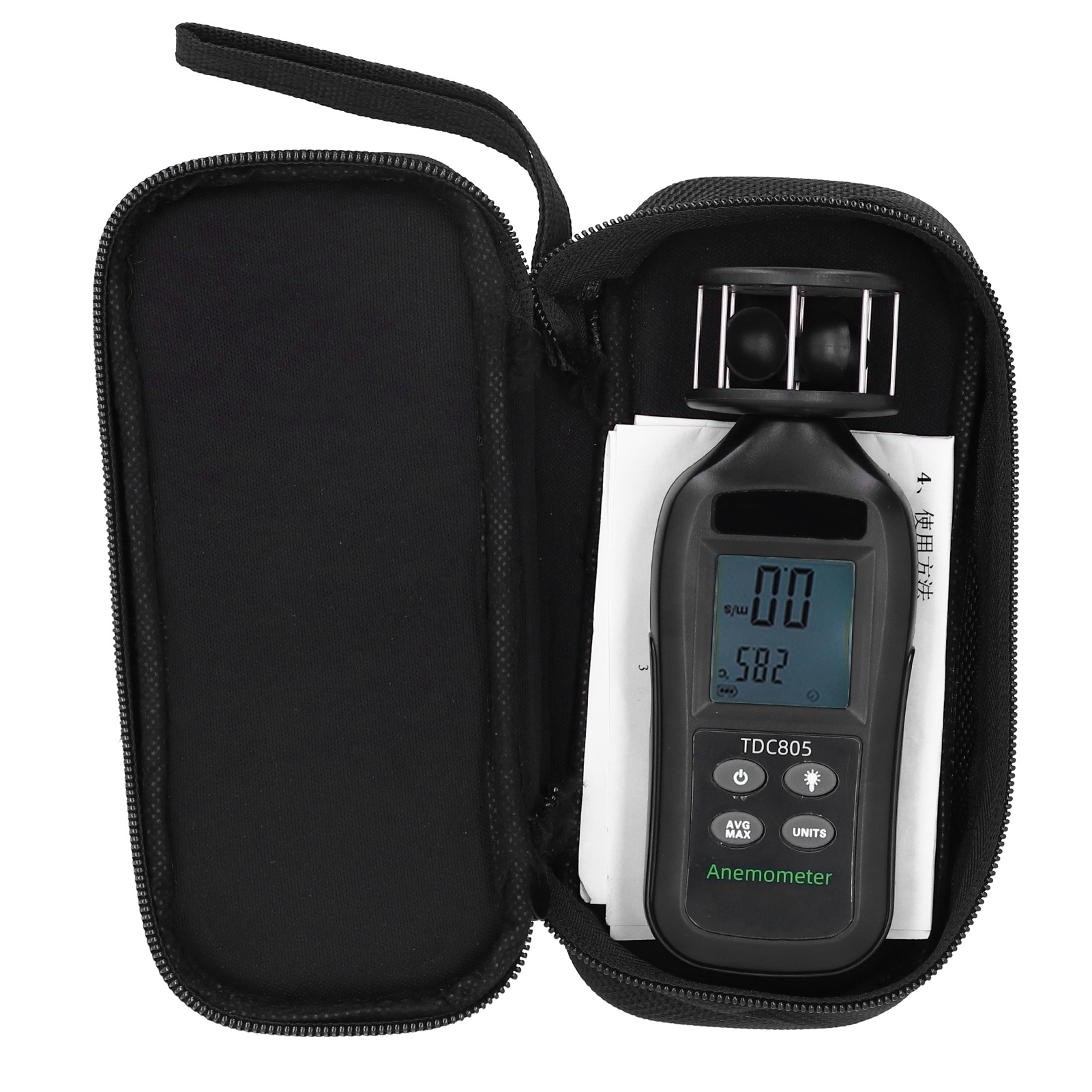 Tragbares Anemometer Mit Digitaler Anzeige Und 3-schalen-turbine Zur Messung Von Wind, Temperatur Und Luftvolumen.