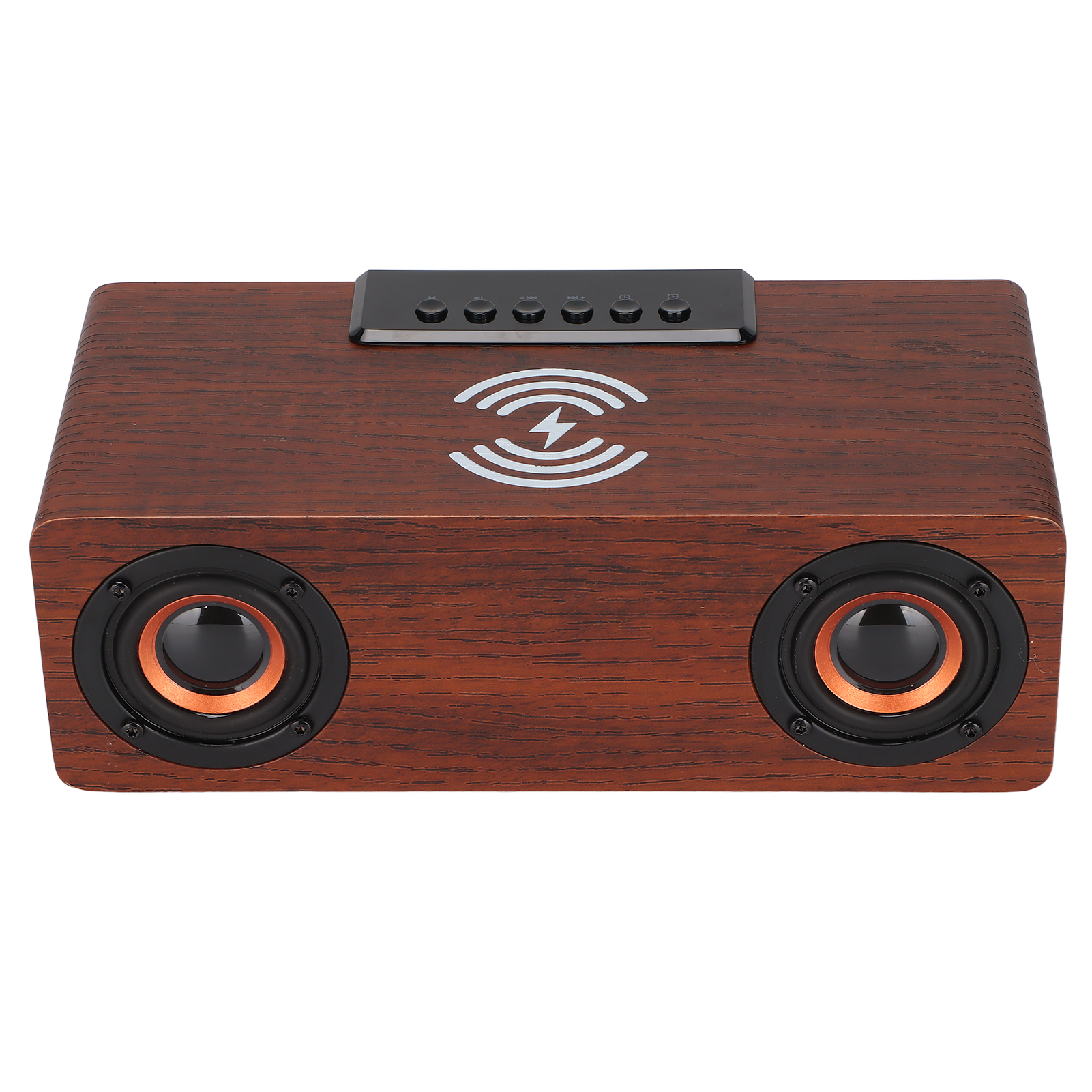10-watt-bluetooth-lautsprecher Mit Kabellosem Ladegerät, Retro-holzwecker, Kompatibel Mit Handys Und Tablets, Dunkelbraune Holzoberfläche.