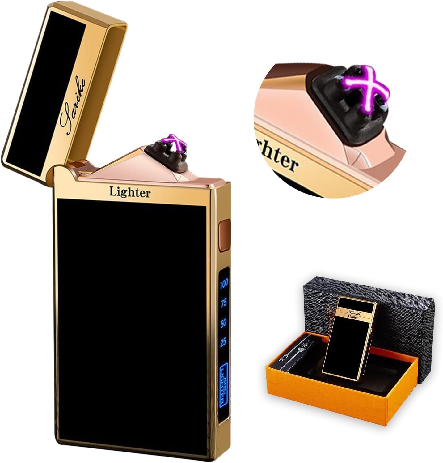 Elektrisches Plasma-lichtbogen-feuerzeug, Winddicht, Über Usb Wiederaufladbar, Mit Batterieanzeige, Für Outdoor, Camping, Grillen, Geschenk (gold)
