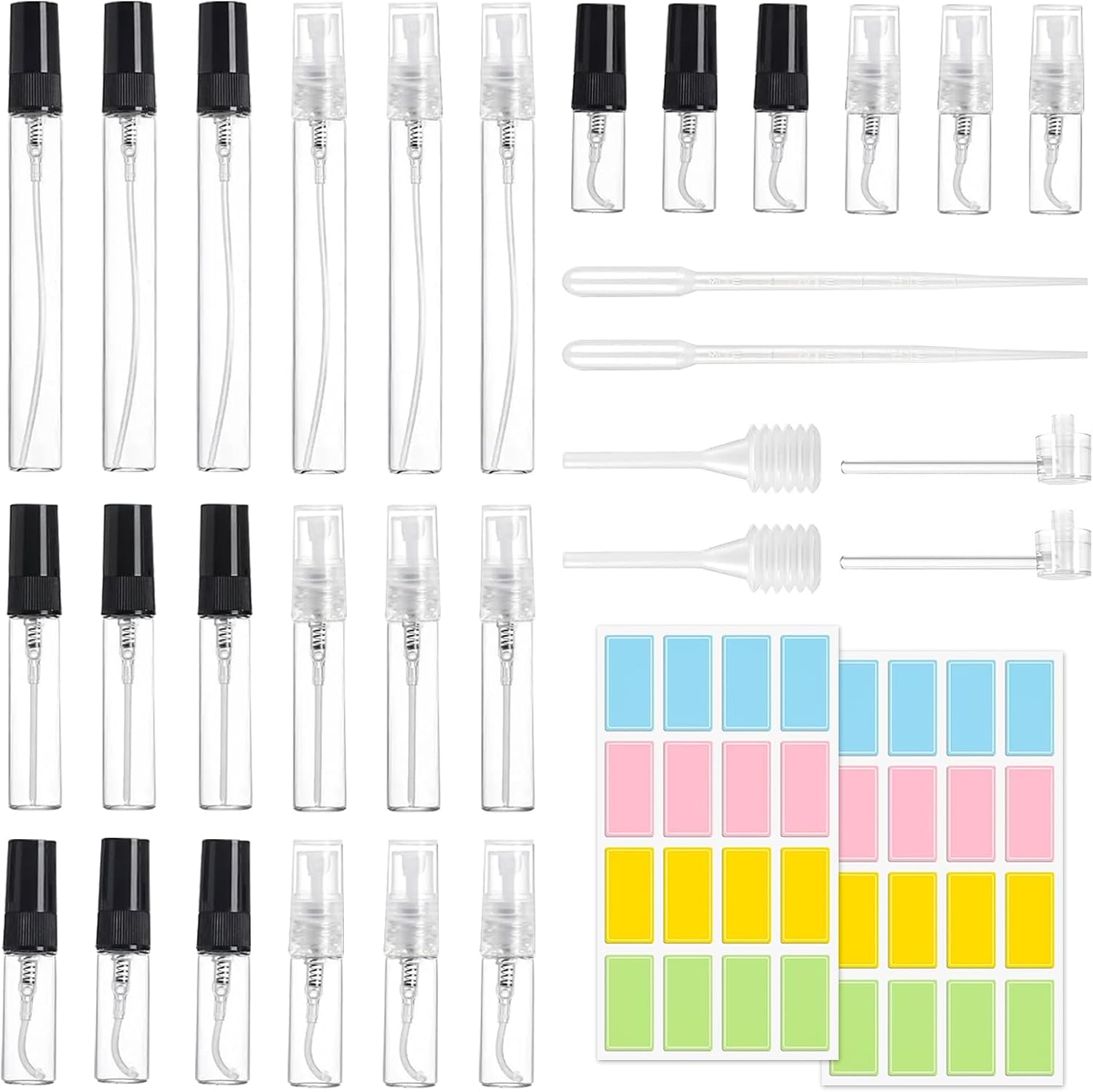 24er-pack Parfüm-sprühflaschen Aus Glas, 2/3/5/10 Ml Mini-sprühflasche Mit Pipette Und Quetschkopf, Tragbarer Kleiner Klarer Zerstäuber Für Parfüm (schwarz/weiß)