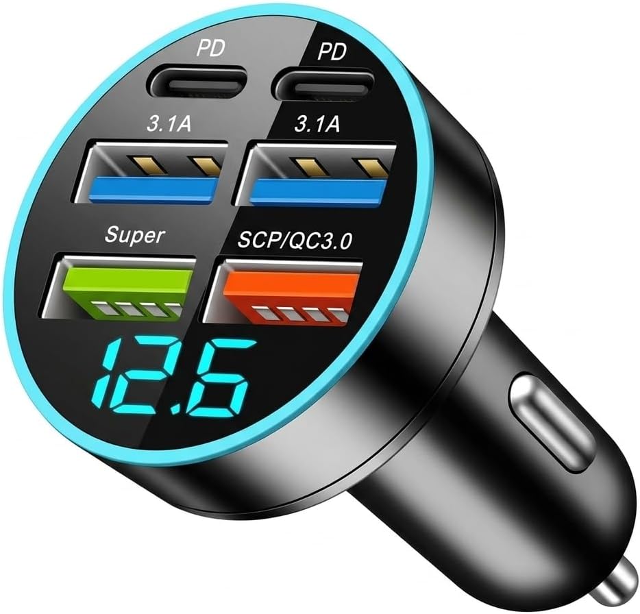 66w Autoladegerät, Usb C Schneller Zigarettenanzünder Mit 6 Anschlüssen [2pd+2usb A 3.1a+1super+1scp/qc3.0], Schnellladung, Led-voltmeter-autoadapter 12v-24v Für Iphone/samsung/android/tablet/gps