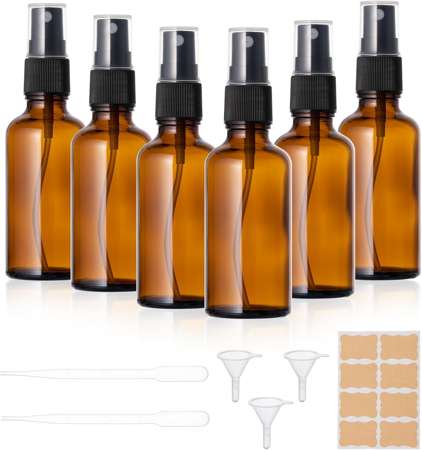 Leere Glassprühflasche 50 Ml, Set Mit 6 Leeren Sprühflaschen, Braune Glasflaschen, Kit Mit Trichter, Pipetten Und Etiketten Für Parfüm Und Ätherische Öle