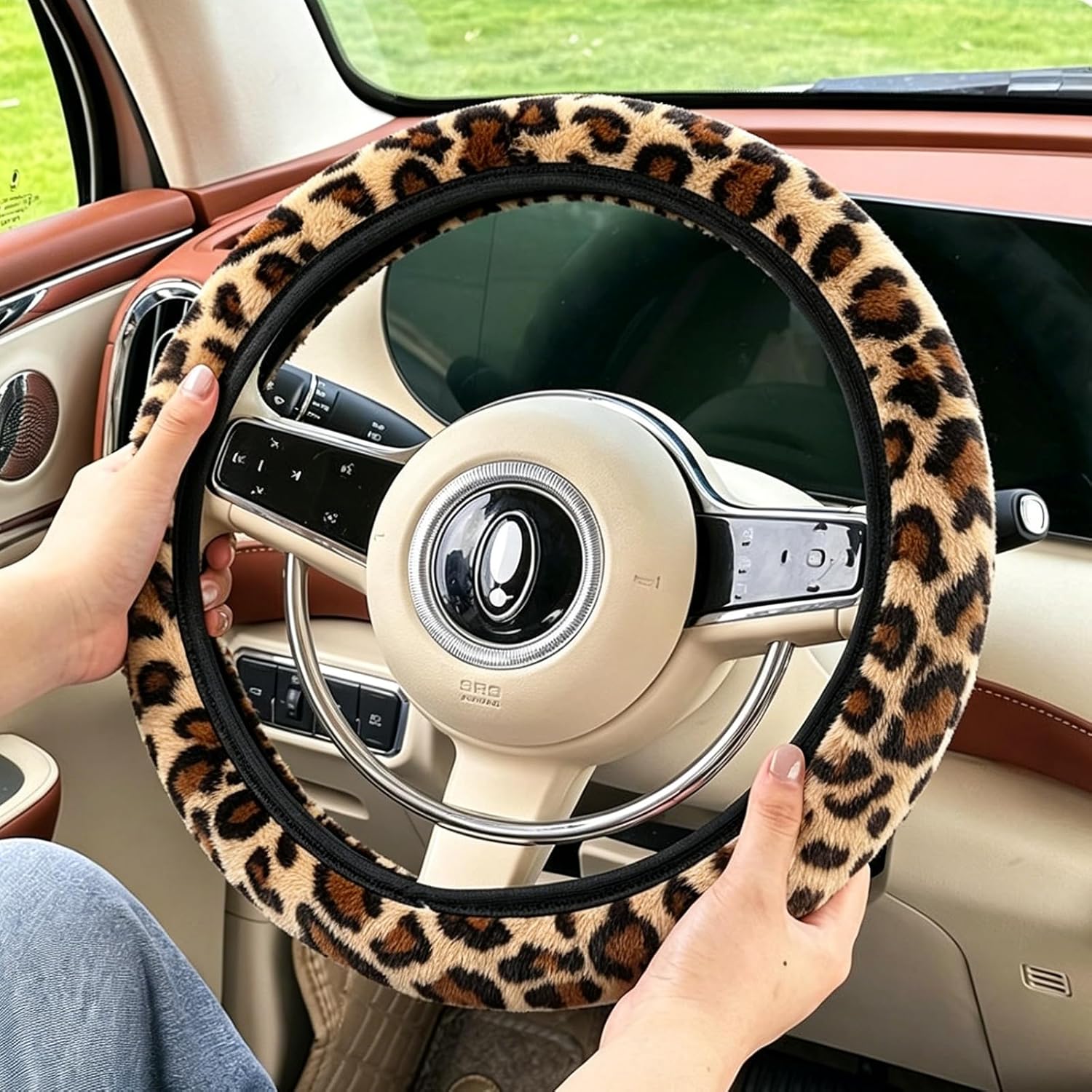 Leopardenmuster Auto-lenkradbezug, Weicher Plüsch-auto-lenkradbezug, Warm Und Rutschfest, Leoparden-lenkradbezug, Autozubehör-lenkradschutz, Universalgröße 38 Cm