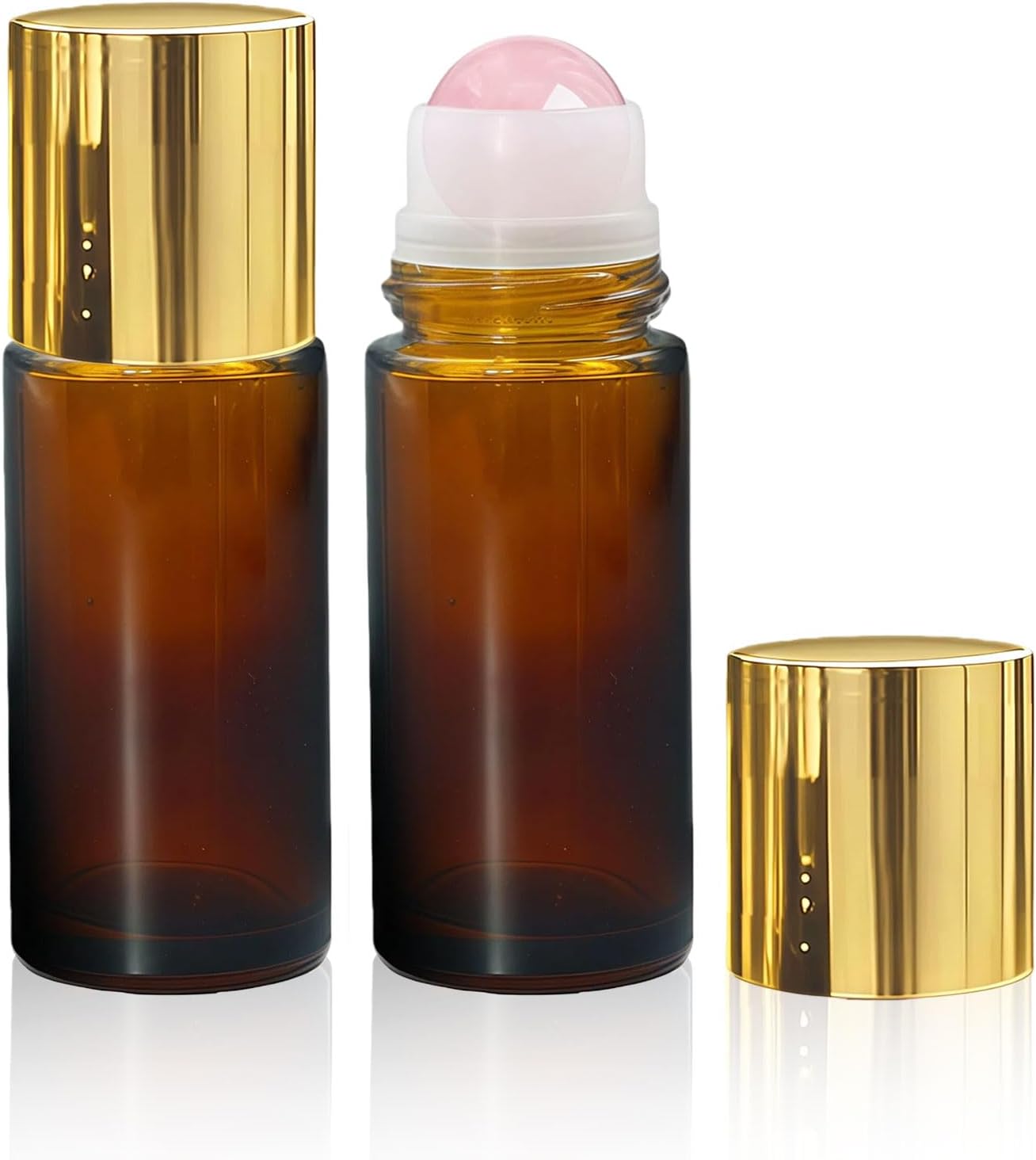 2 Stück 50 Ml Rosenquarz-rollerflaschen Für Ätherische Öle, Nachfüllbar Und Auslaufsicher, Bernsteinfarbene Glasflasche Mit Natürlichen Kristallkugeln, Ideal Für Parfüme Und Aromen.