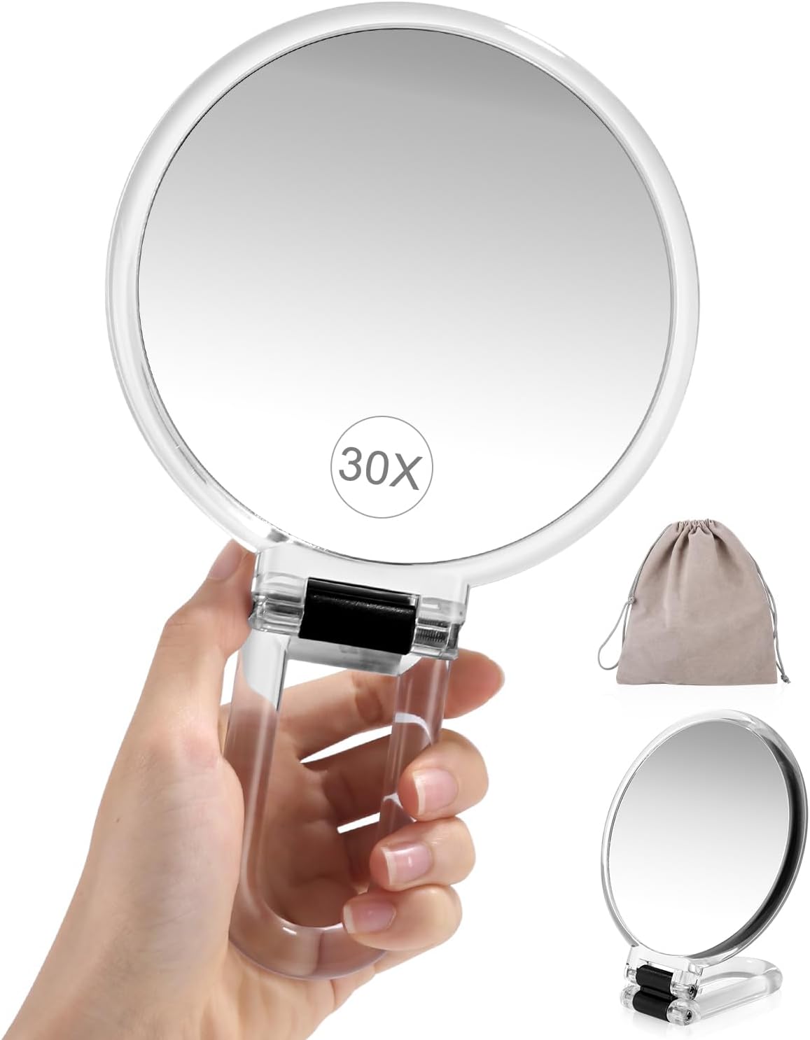 Handspiegel, Doppelseitiger 30-facher Vergrößerungsspiegel 1-fach/30-fach Mit Um 360° Klappbarem Griff, Tragbarer Schminkspiegel, Verwendbar Im Hand-, Tisch- Oder Wandmodus Für Reisen Und Den Tägliche