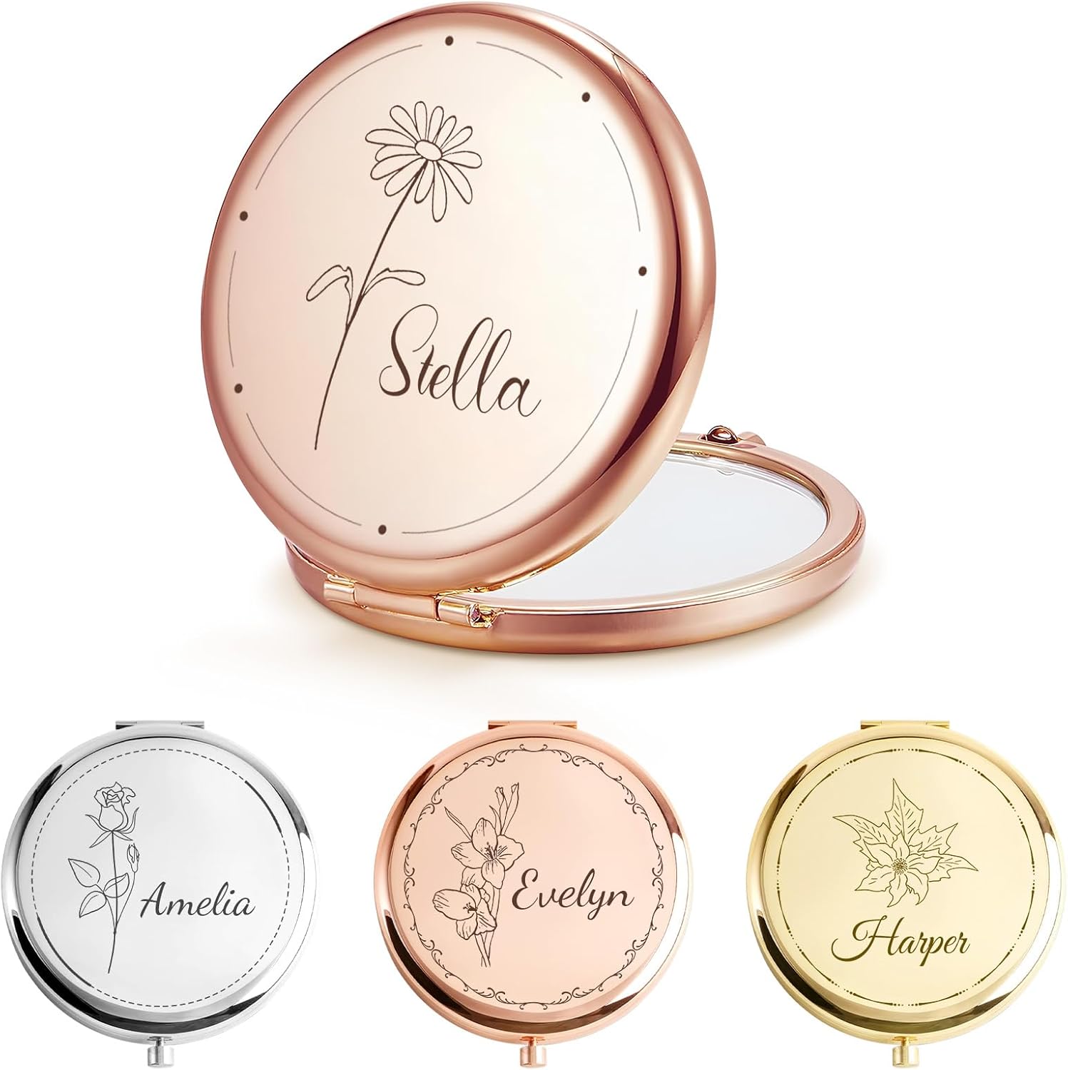 Personalisierter Taschenspiegel – Maßgeschneiderter Taschenspiegel Mit Vornamen Oder Monogramm, Tragbares Make-up-accessoire Für Frauen, Ideal Für Handtasche Oder Reisen (geburtstagsblumen)