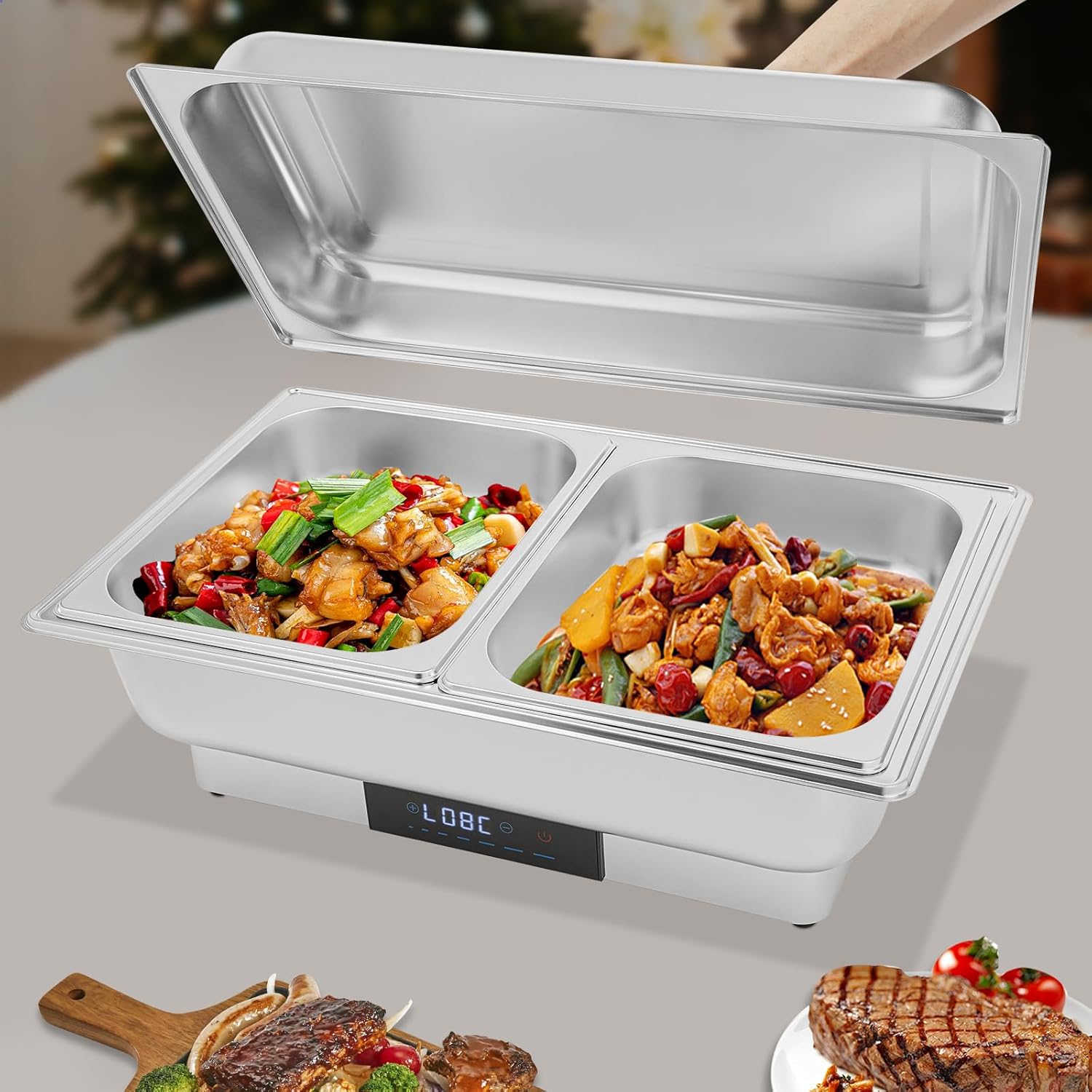 Elektrisches Buffetwärmer Speisenwärmer Chafing Dish Buffet Server Edelstahl Speisenwärmer Mit Temperaturregelung Für Catering Und Buffet 600w 9l Für Warme Und Kalte Speisen (2 Fächer)