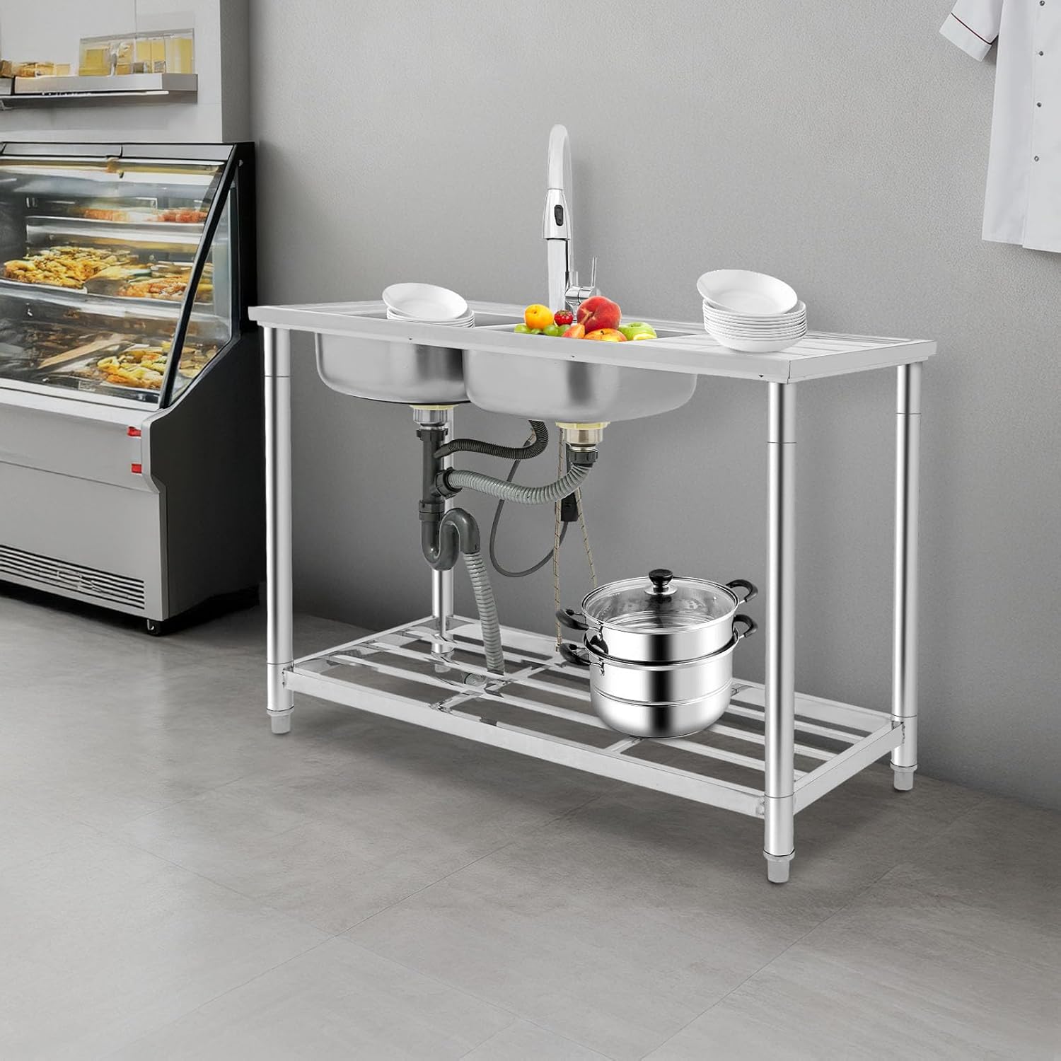 120x50x80cm Edelstahl Freistehende Küchenspüle 2-kammer-spüle Doppelbecken-küchenspüle Doppelspülbecken Mit Wasserhahn Vollständiger Satz Von Spülbecken Für Küchen Restaurants Garagen Usw