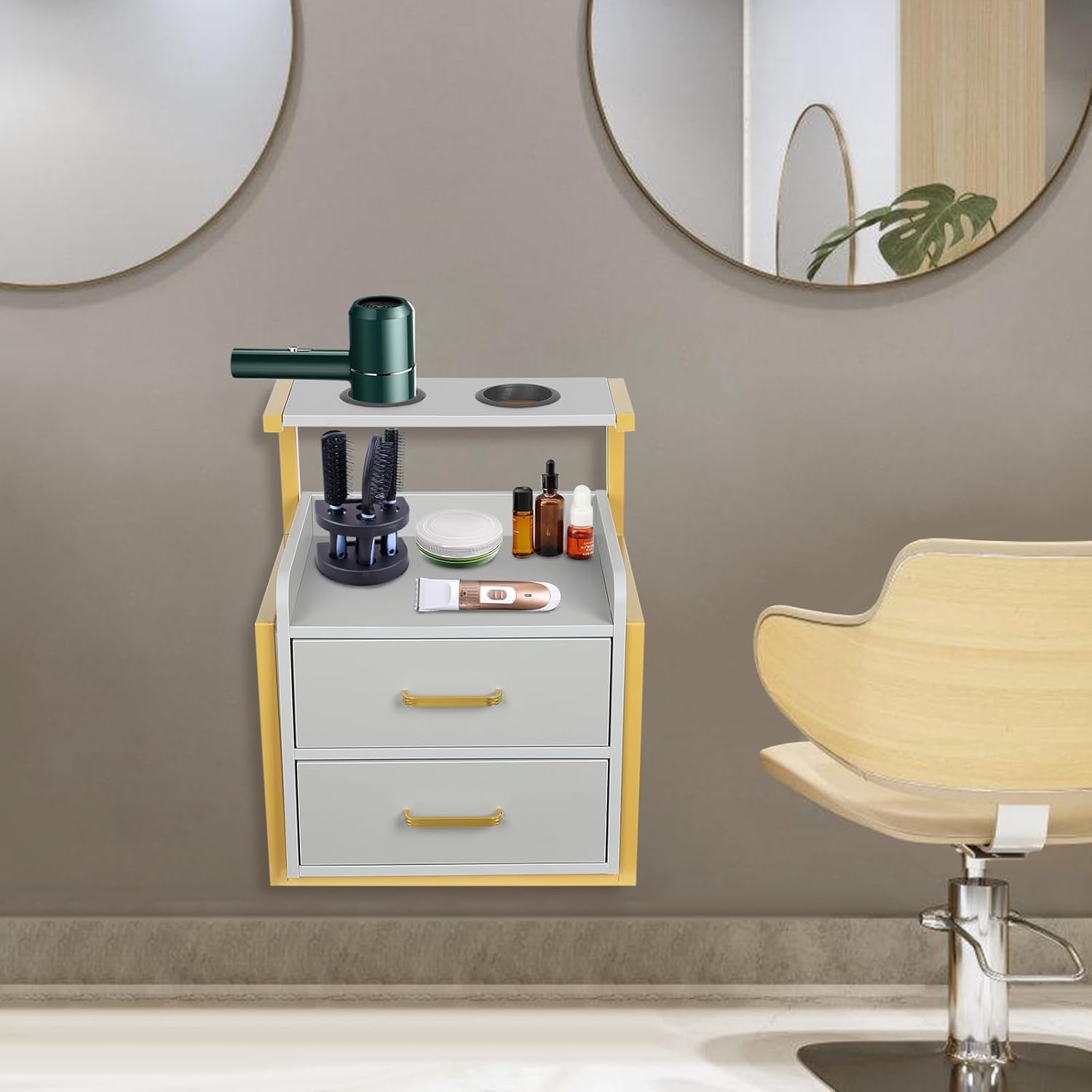Salon Wall Cabinet With 2 Drawers, Wall Mounted Salon Storage Organizer With Hair Dryer Holder, Hair Station For Beauty Spa Barbershop (gold+ Gray)