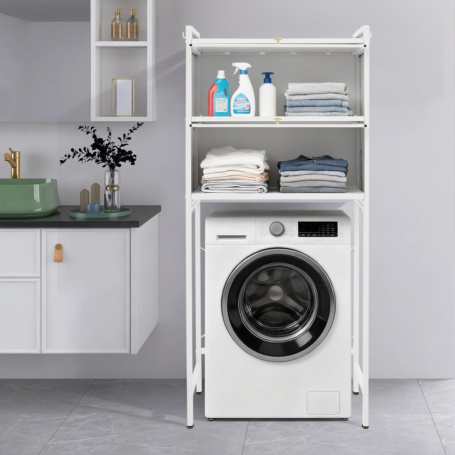 Washing Machine Shelf, 70 X 25 X 167 Cm, White, Bathroom Cabinet With 2 Cabinets And 3 Shelves, Space-saving Organizer Modern Steel And Pvc Adjustable For Home, Balcony, Apartment
