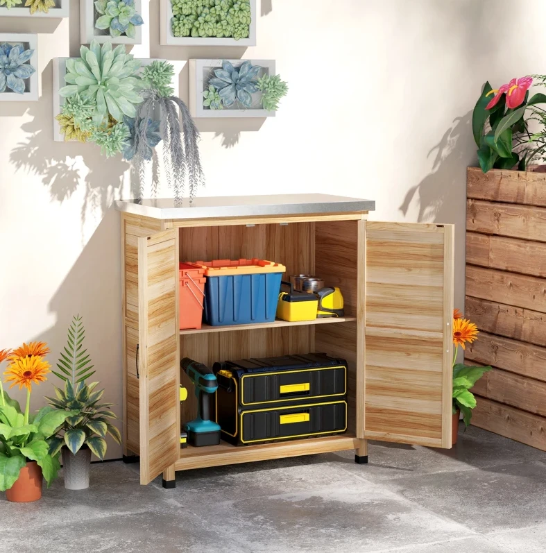 Gartenschrank 79x43x92 Cm Holzfarbe Aus Fichtenholz Mit Verzinkter Arbeitsplatte Und Innenregal