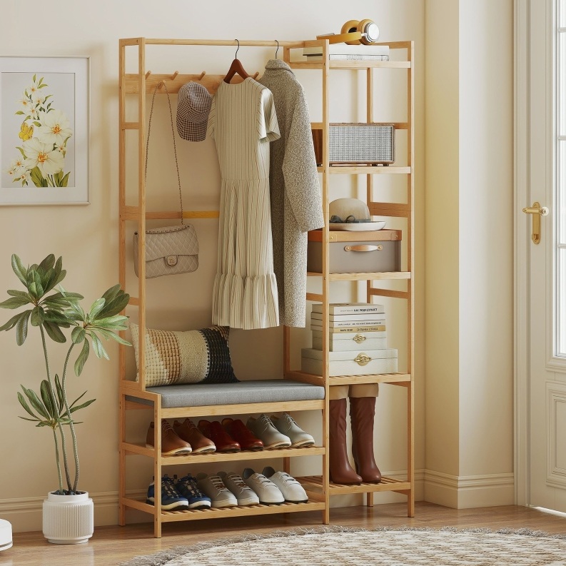 Garderobenständer 104x33x175 Cm Naturholz Aus Bambus Mit Schuhregal Sitzbank Haken Und Kleiderstange