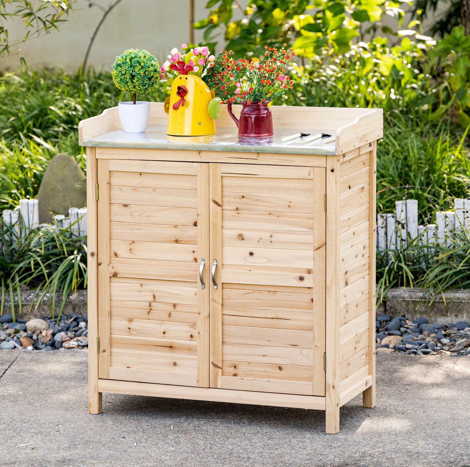Gartenschrank 83x40x92 Cm Natur Aus Fichtenholz Mit Arbeitsplatte Und 2 Innenfächern