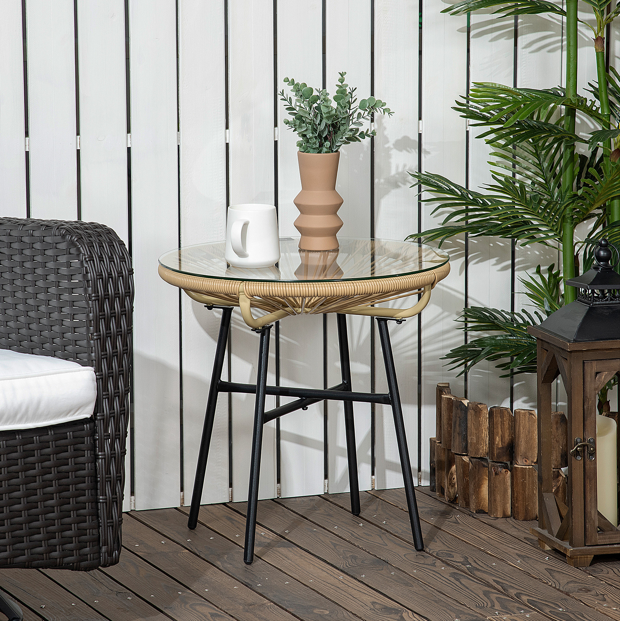 Beistelltisch 50x50x50 Cm Beige Aus Rattan Mit Glasplatte Im Boho-stil