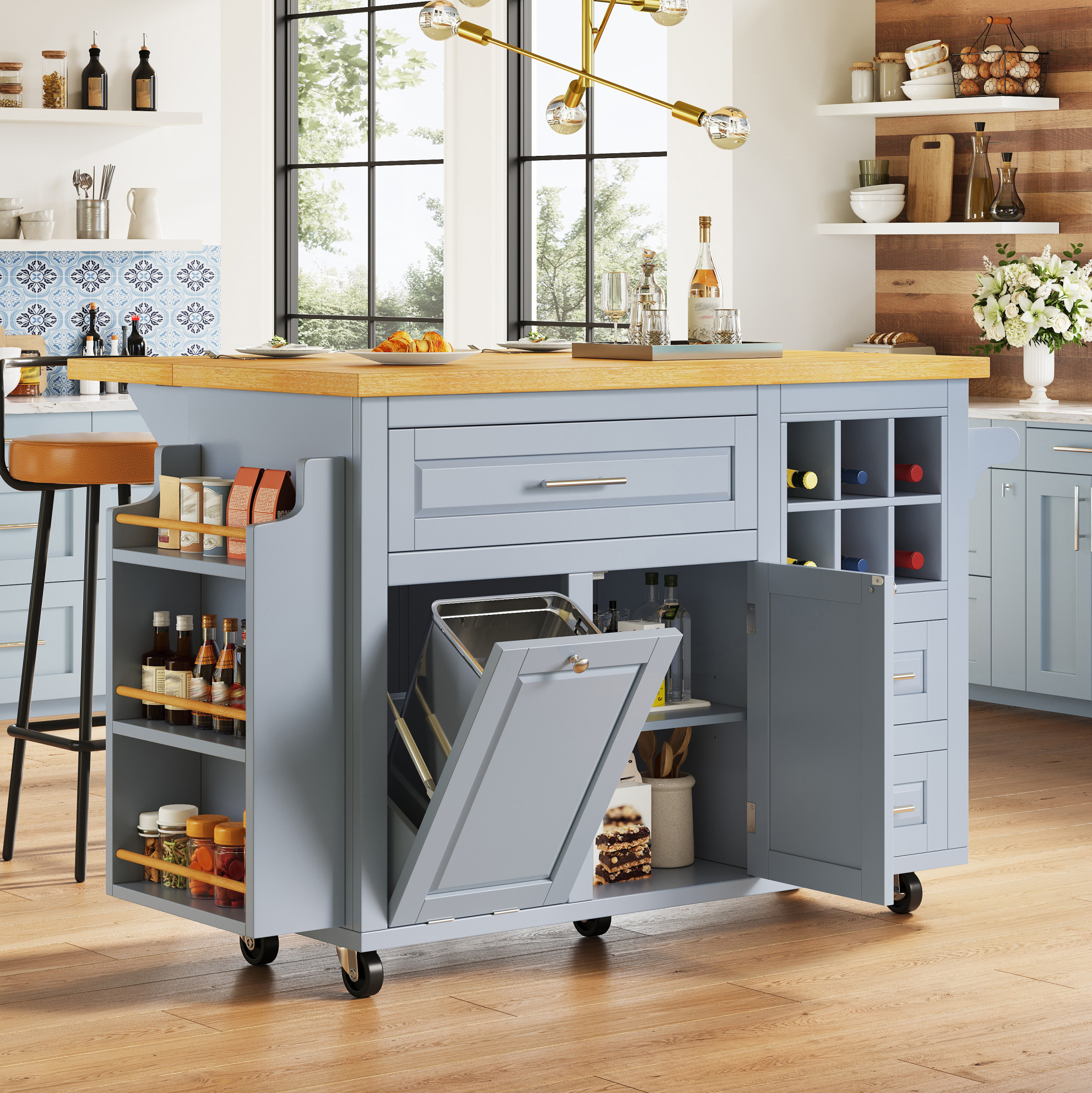 Küchenwagen 143x75x91 Cm Blau Aus Mdf Mit Klappbarer Arbeitsplatte, Schubladen, Weinregal Und Mülleimerfach