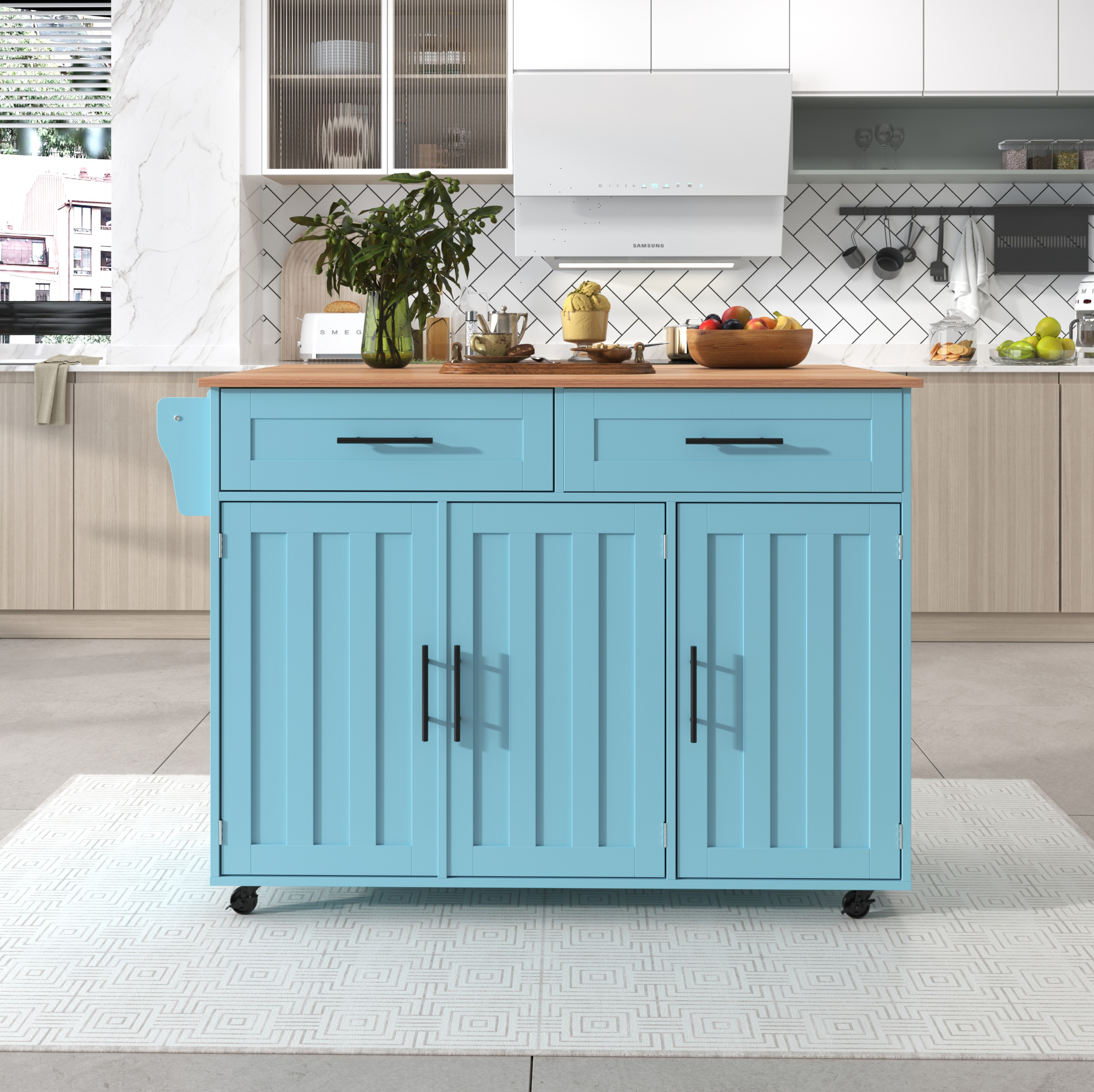 Kücheninsel 129x71x91.5 Cm Blau Aus Mdf Mit Klappbarer Platte, Rollen, Schubladen Und Wechselbaren Holzfüßen