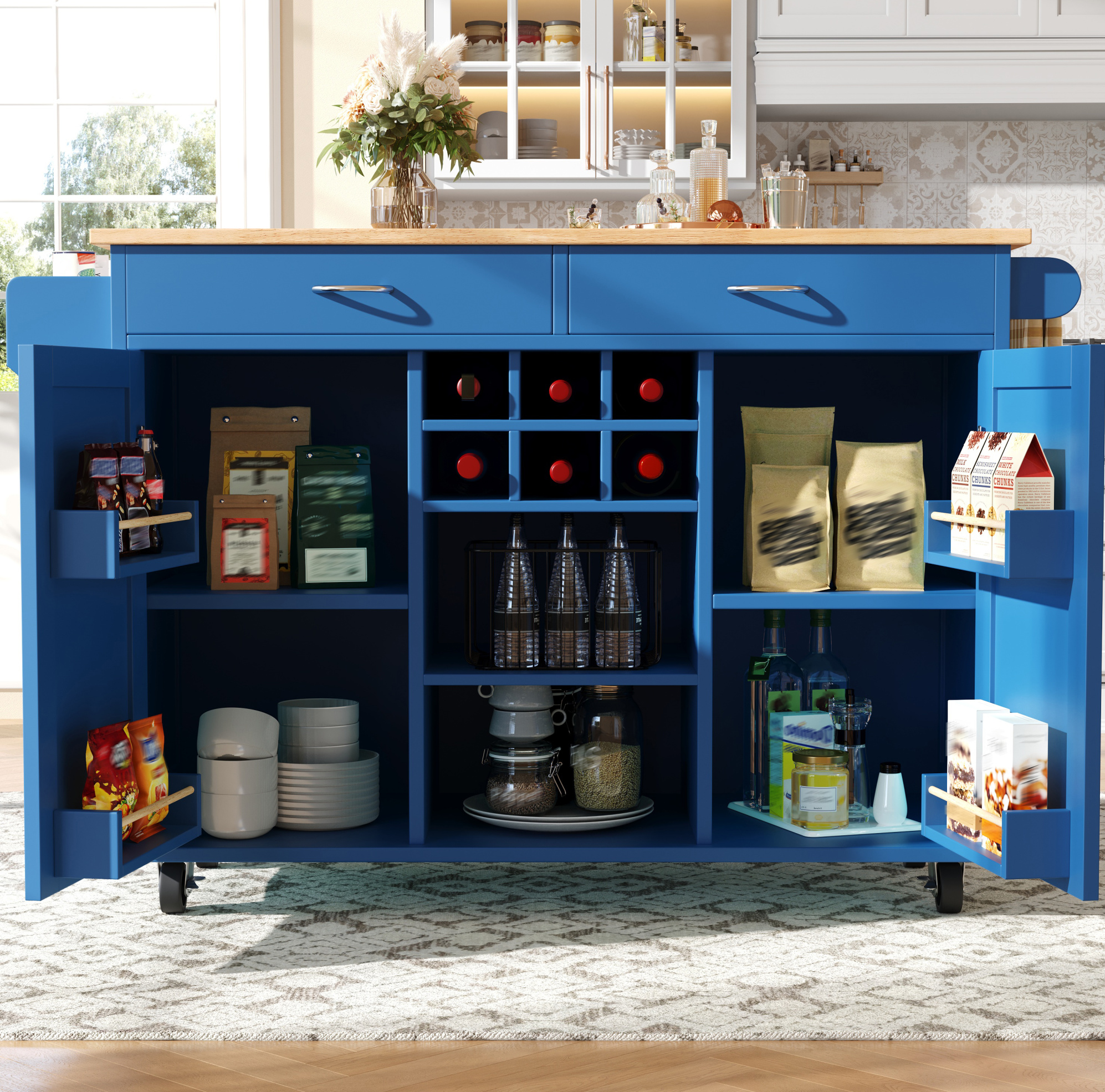 Kücheninsel 102x45x92 Cm Blau Aus Mdf Und Metall Mit Rollen, Weinregal Und Verstellbarem Stauraum