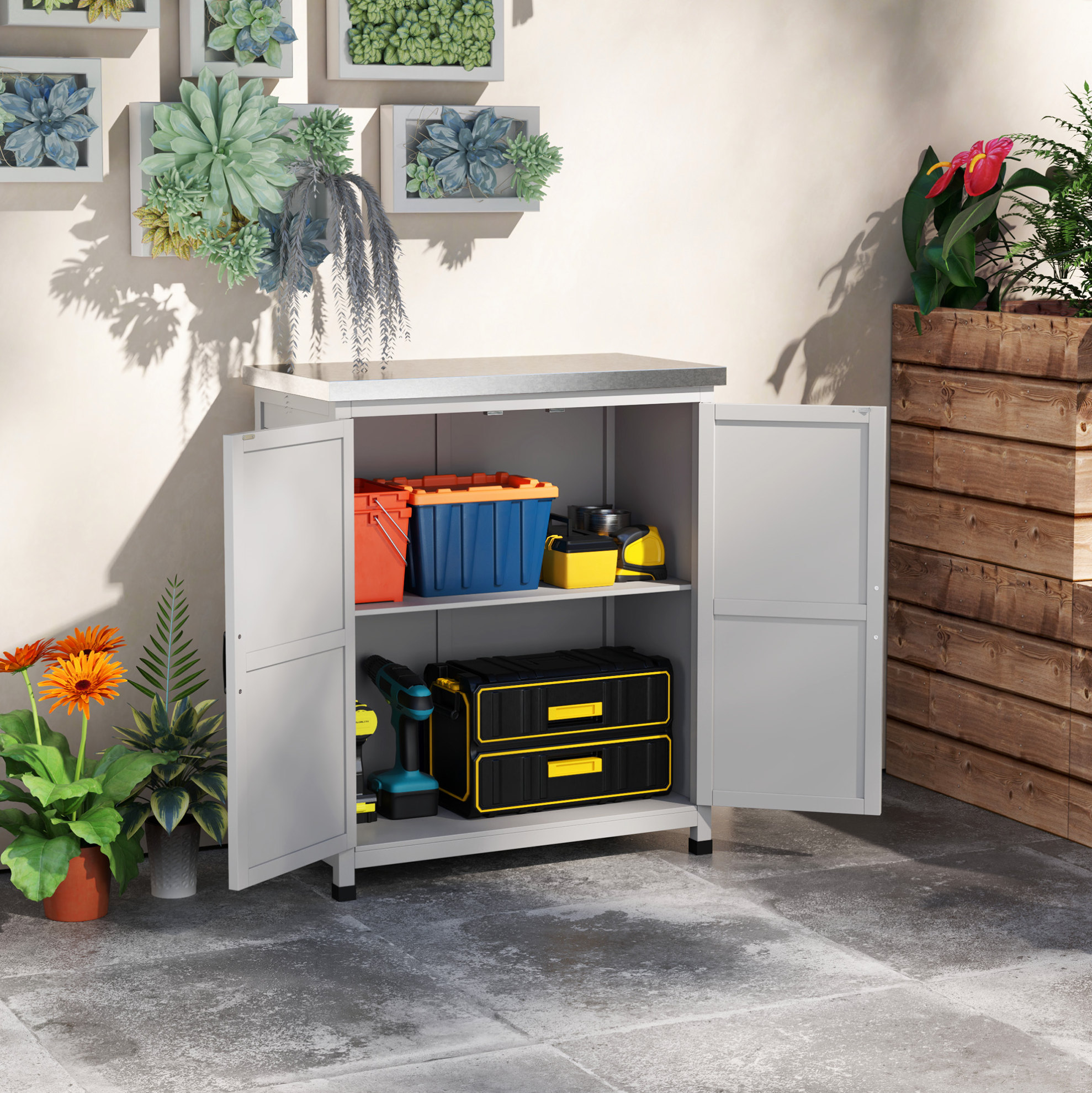 Gartenschrank 79x43x92 Cm Grau Aus Holz Mit Verzinkter Arbeitsplatte, Doppeltür Und Einlegeboden