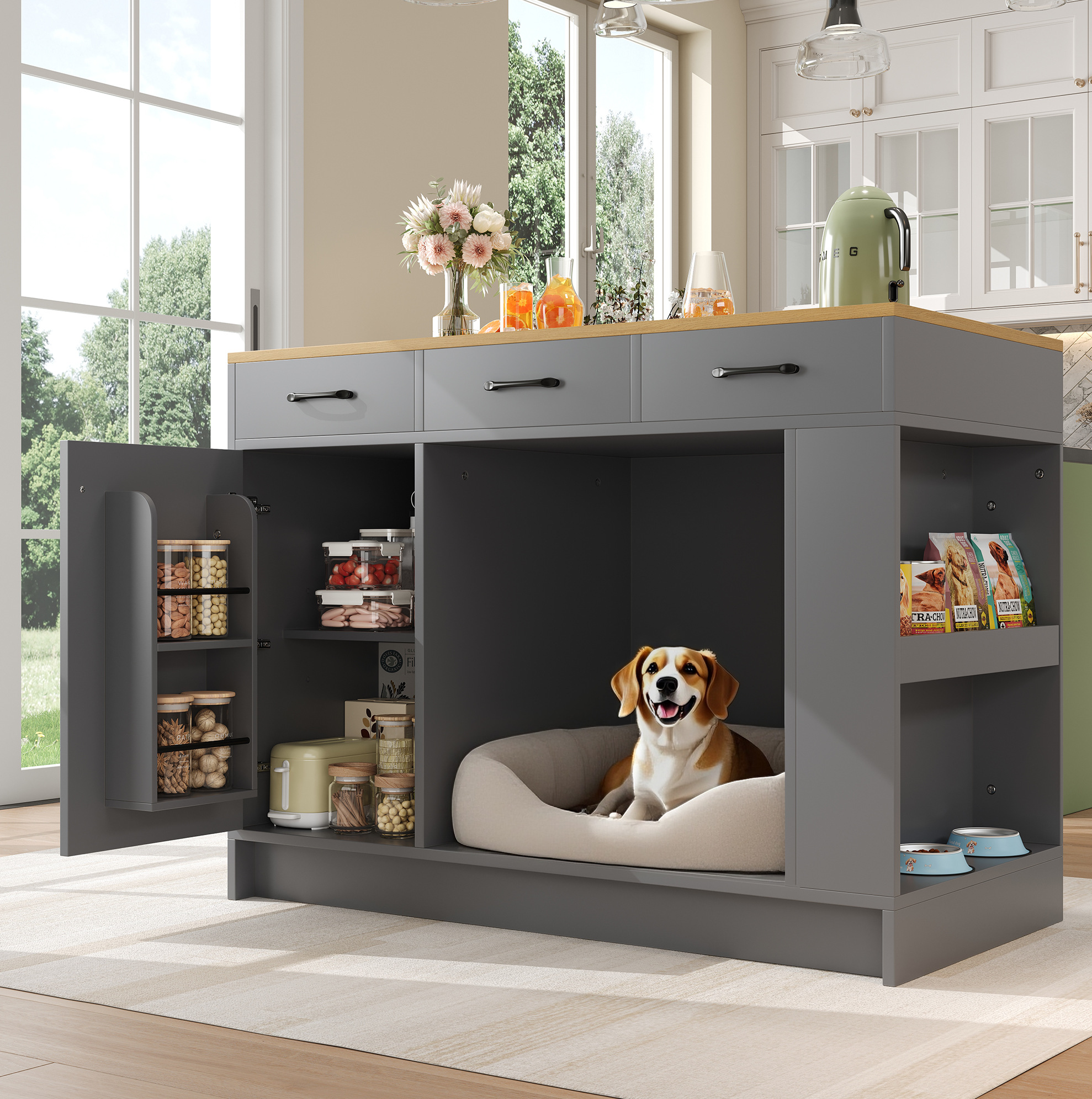 Kücheninsel 120x60x90 Cm Grau Und Natur Aus Mdf Mit 3 Schubladen, Gewürzablage Und Haustierbereich