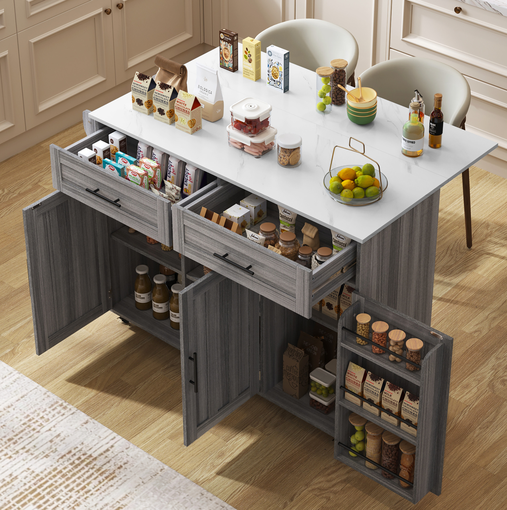 Servierwagen 129x46x91.5 Cm Grau-weiß Aus Mdf Mit Ausklappbarer Platte, Rädern, Schubladen Und Verstellbaren Böden