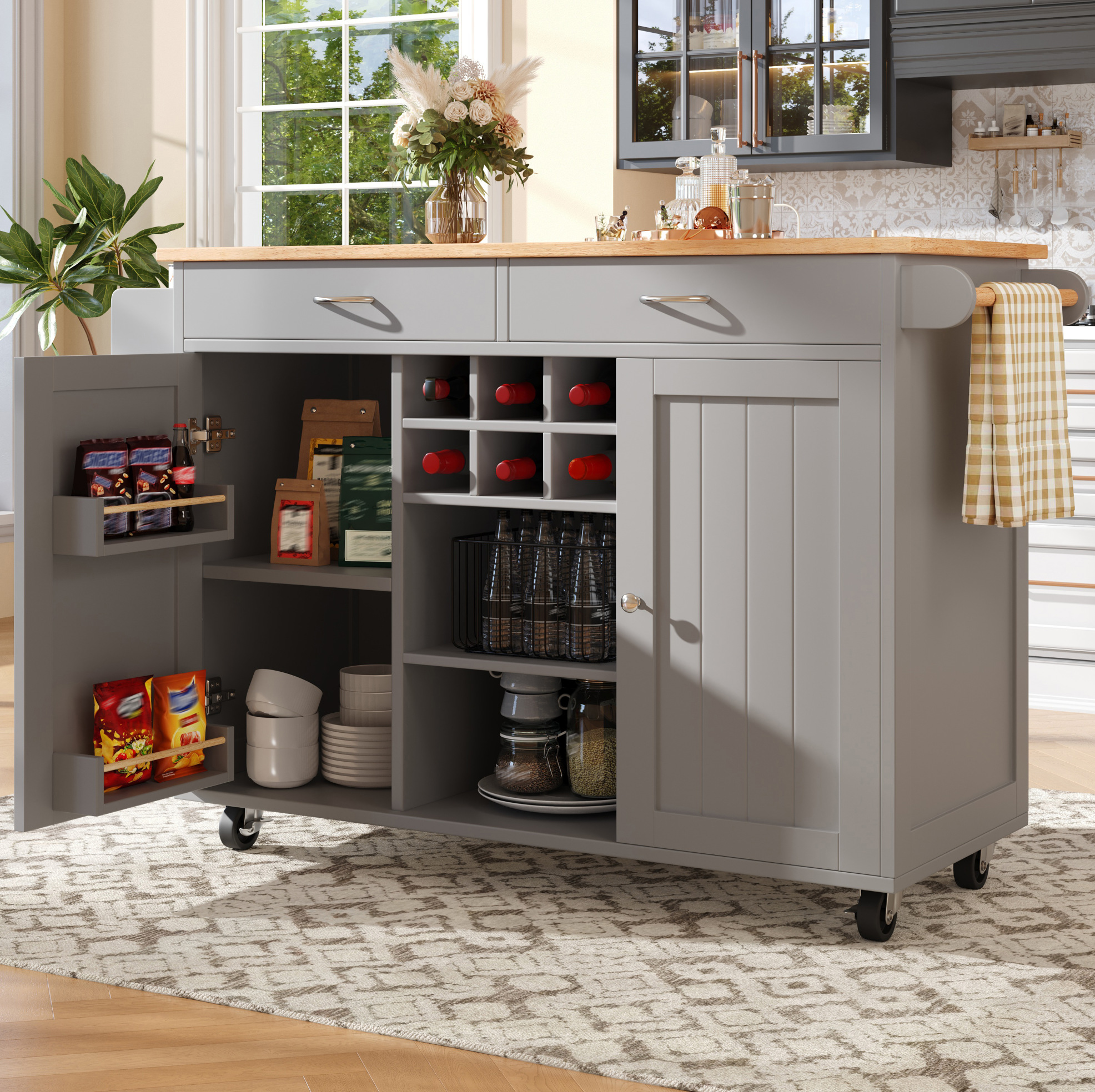 Kücheninsel 102x45x92 Cm Grau Aus Mdf Und Metall Mit Rollen, Weinregal Und Verstellbarem Stauraum