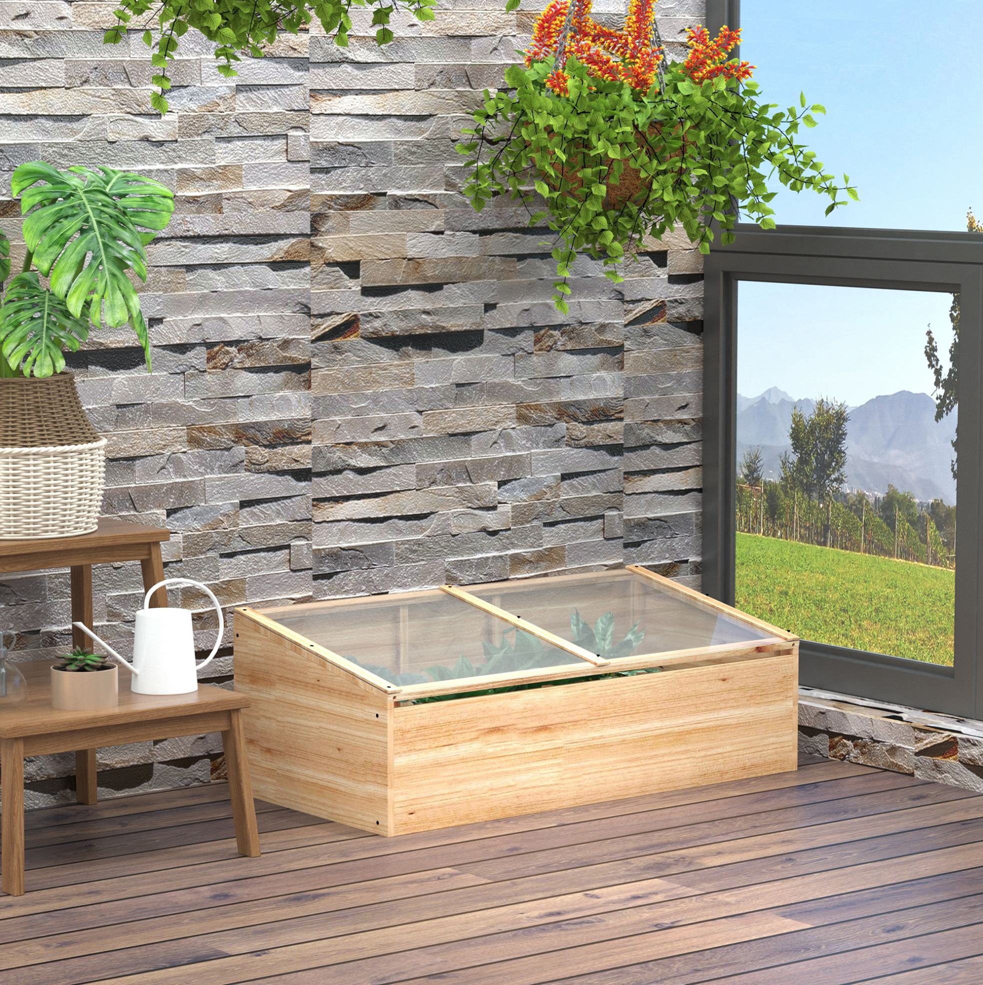 Frühbeet 100x50x35/26 Cm Natur Holz Mit Polykarbonatplatten Und Aufklappbarem Schrägdach