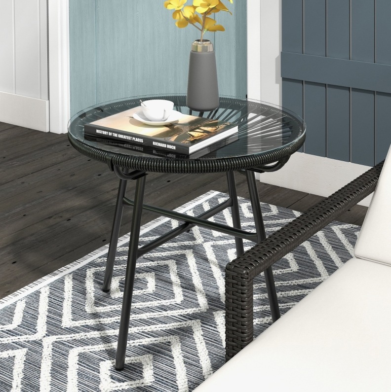 Garten-beistelltisch 50x50x50 Cm Schwarz Aus Pe-rattan Mit Gehärteter Glasplatte Im Boho-stil