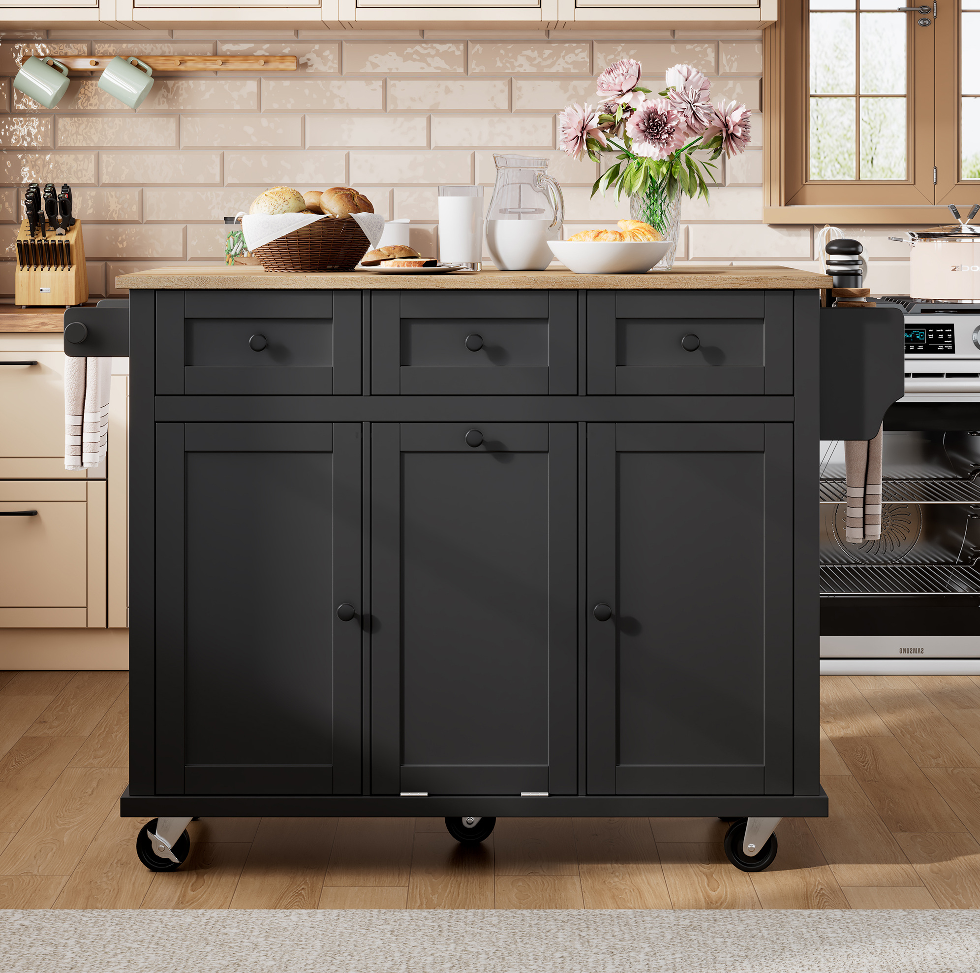 Kücheninsel 112x46.2x92.7 Cm Schwarz/natur Mdf Mit Ausziehbarer Arbeitsplatte Und Rollen