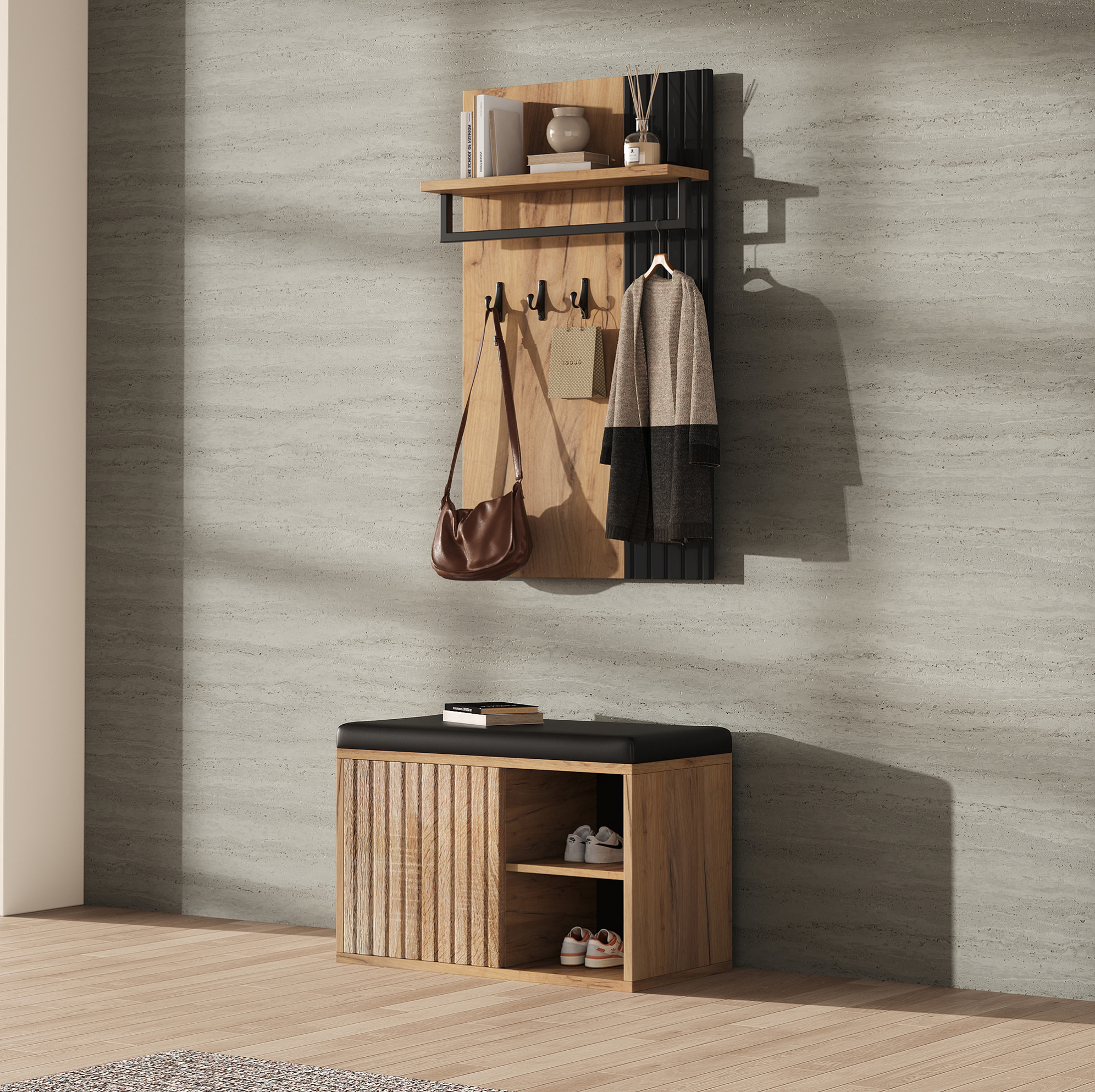 Garderobenschrank 70x36x146 Cm Schwarz Und Natur Aus Spanplatte Mit Schuhbank Und 3 Haken