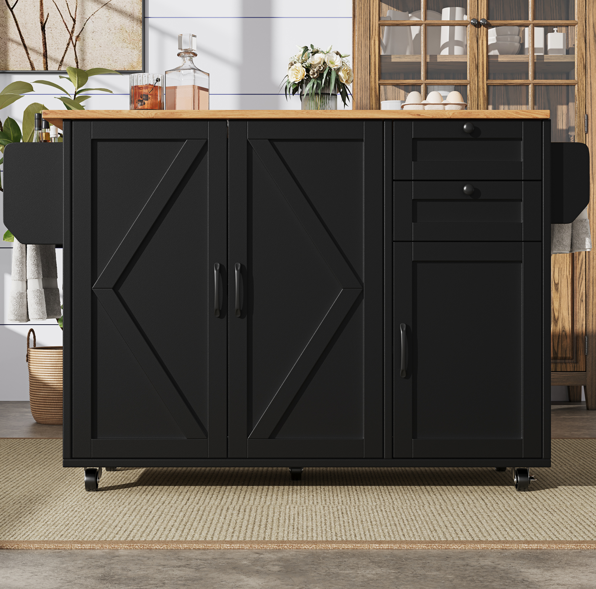 Kücheninsel 120x43.2x92 Cm Schwarz Aus Mdf Mit Klappbarer Tischplatte Und Rollen