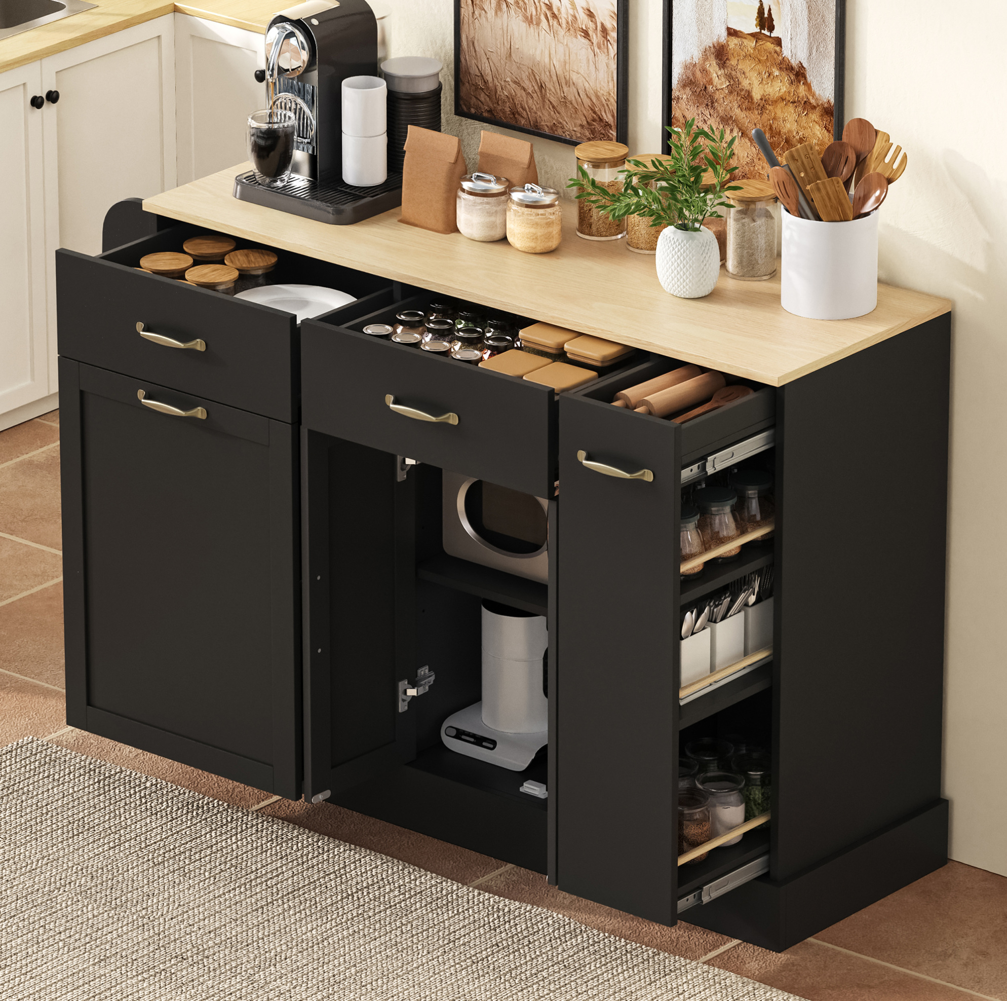 Sideboard 133.5x40x86 Cm Schwarz Aus Mdf Mit Gewürzregal Und Müllfach
