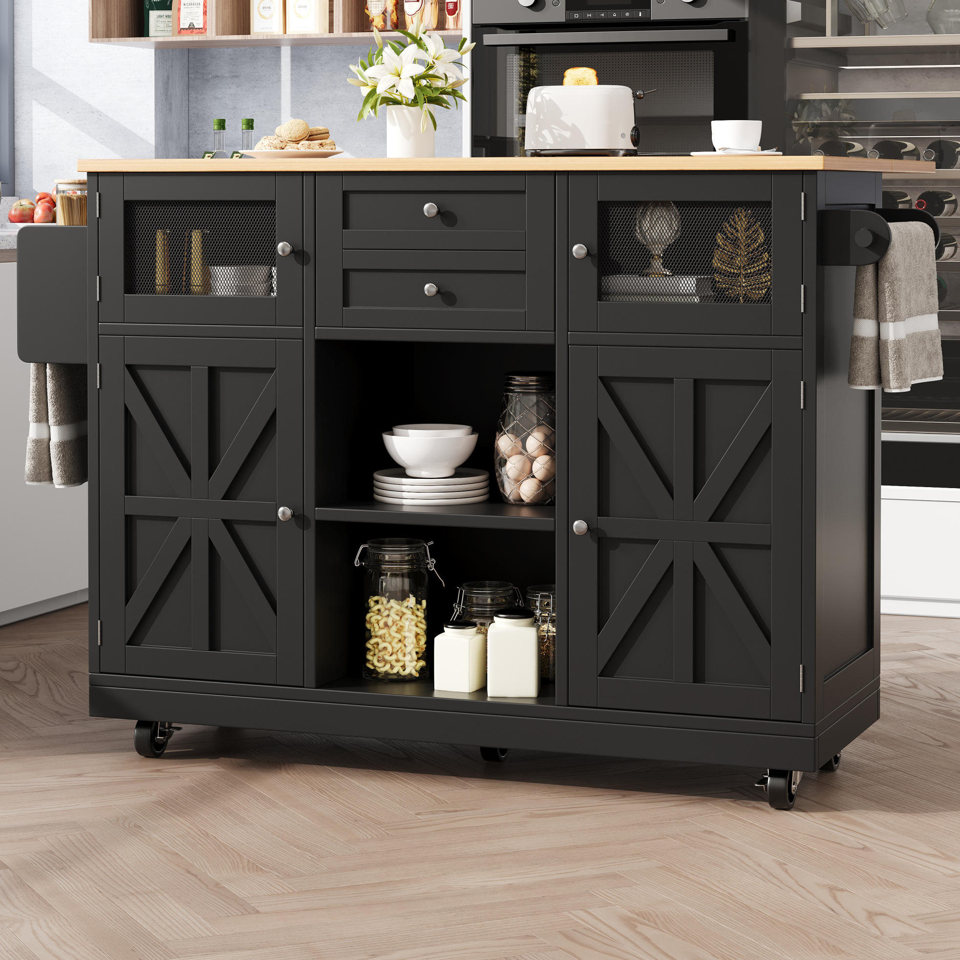 Kücheninsel 140x40x93.5 Cm Schwarz Mdf Mit Klappbarer Arbeitsplatte, Rollen Und Verstellbaren Einlegeböden