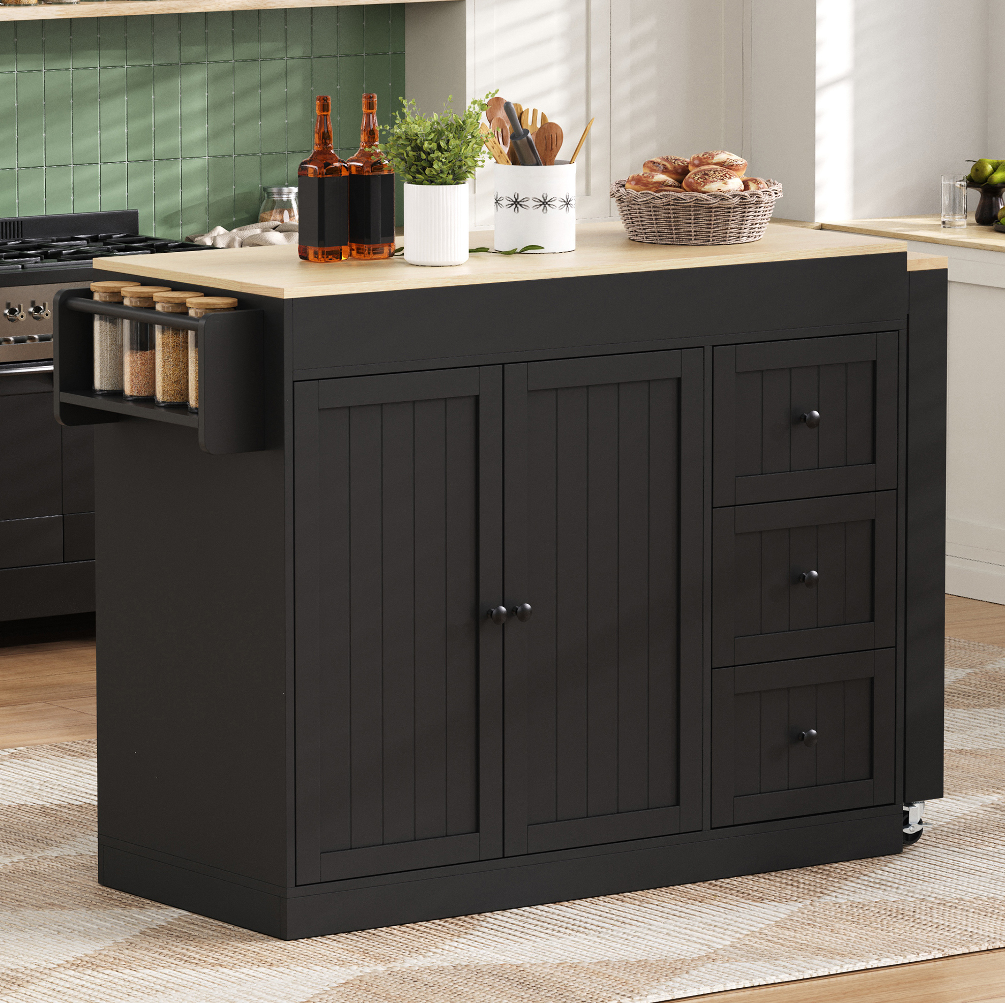Kücheninsel 112-186.8x45x93 Cm Schwarz Aus Mdf Mit Ausziehbarer Arbeitsplatte Und Rollen