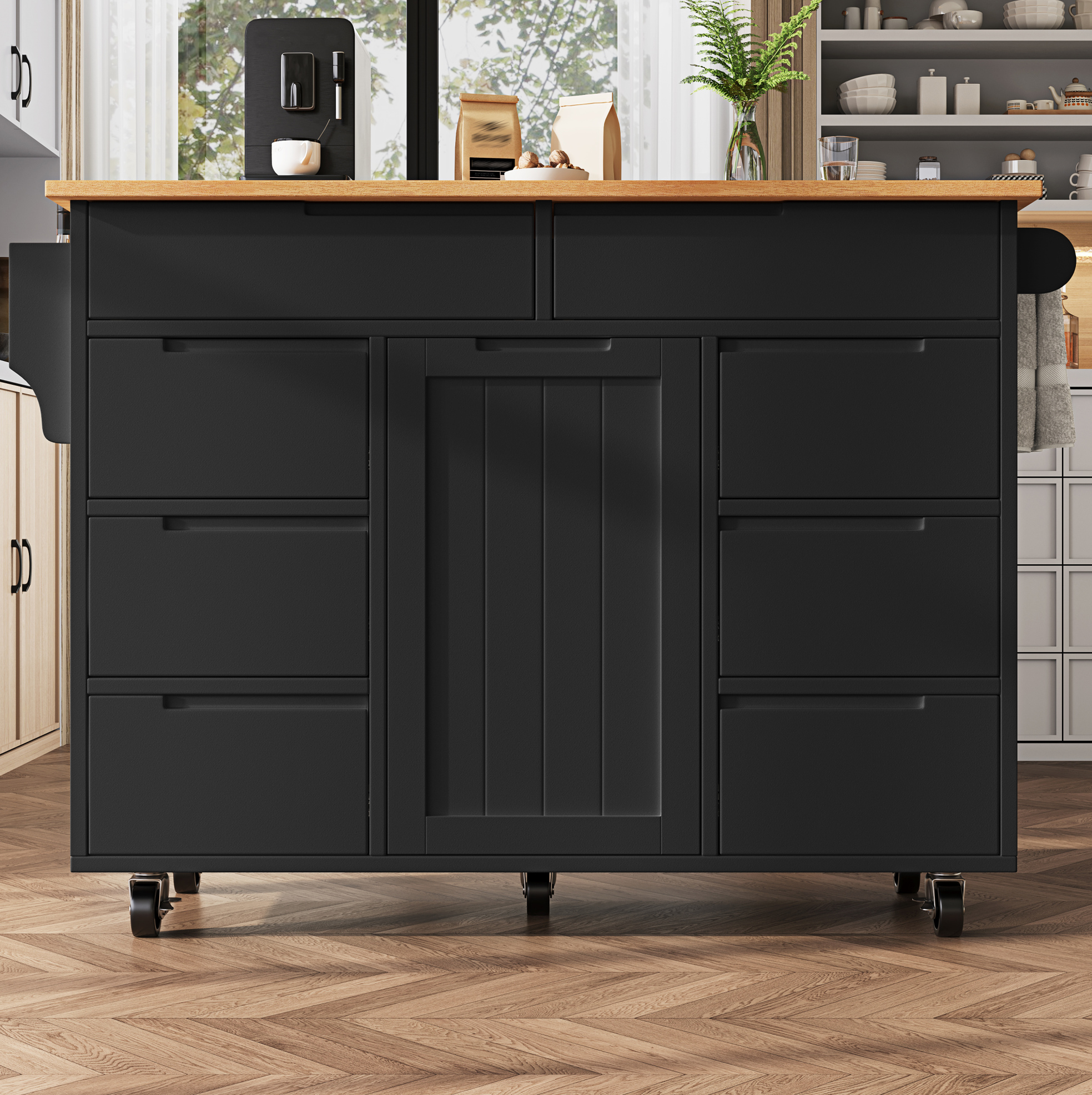 Kücheninsel 122x74.5x91.5 Cm Schwarz Mdf Mit Klappbarer Arbeitsplatte, 8 Schubladen Und Rollen
