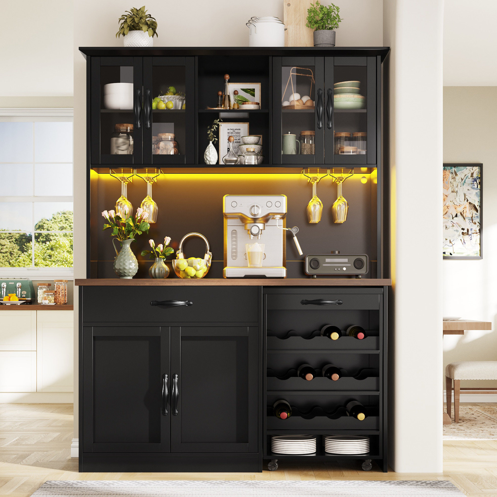 Buffetschrank 140x38x180 Cm Schwarz Mdf Mit Led-beleuchtung, Rollwagen, Weinglashalter Und Weinregal