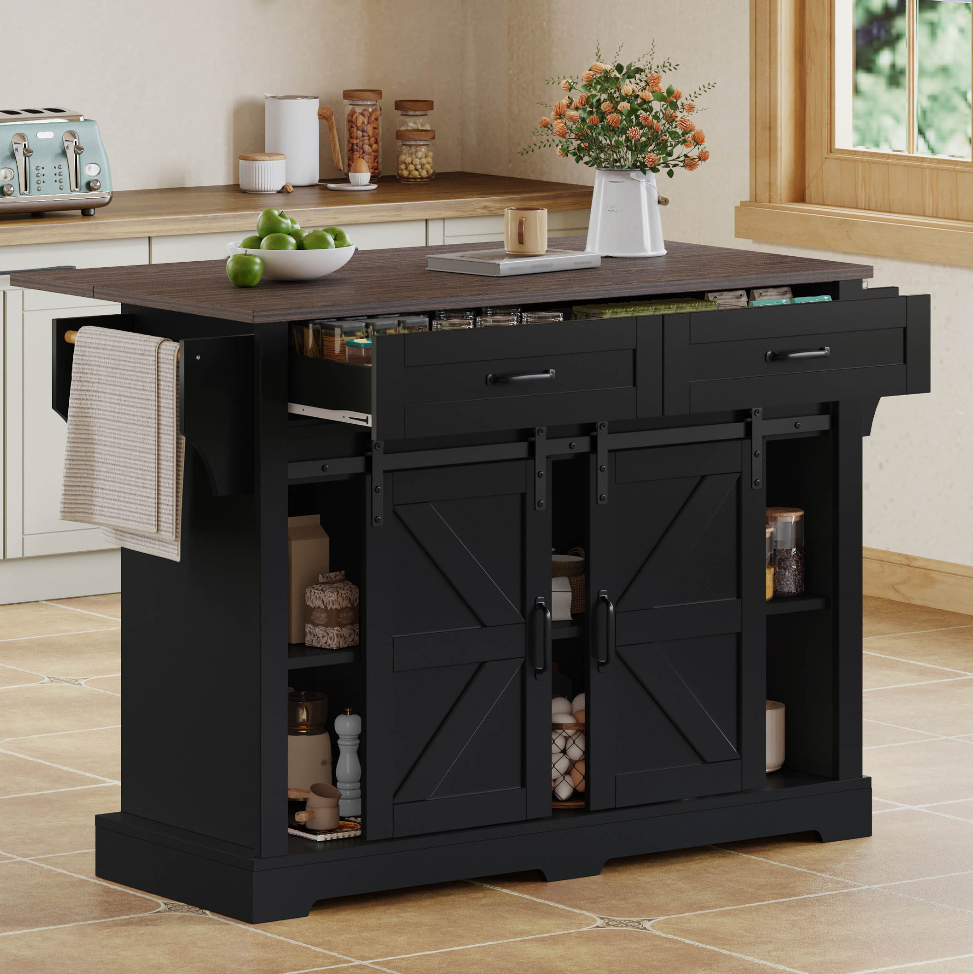 Kücheninsel 120x45x91 Cm Schwarz Aus Mdf Mit Klappbarer Arbeitsplatte Und Rollen