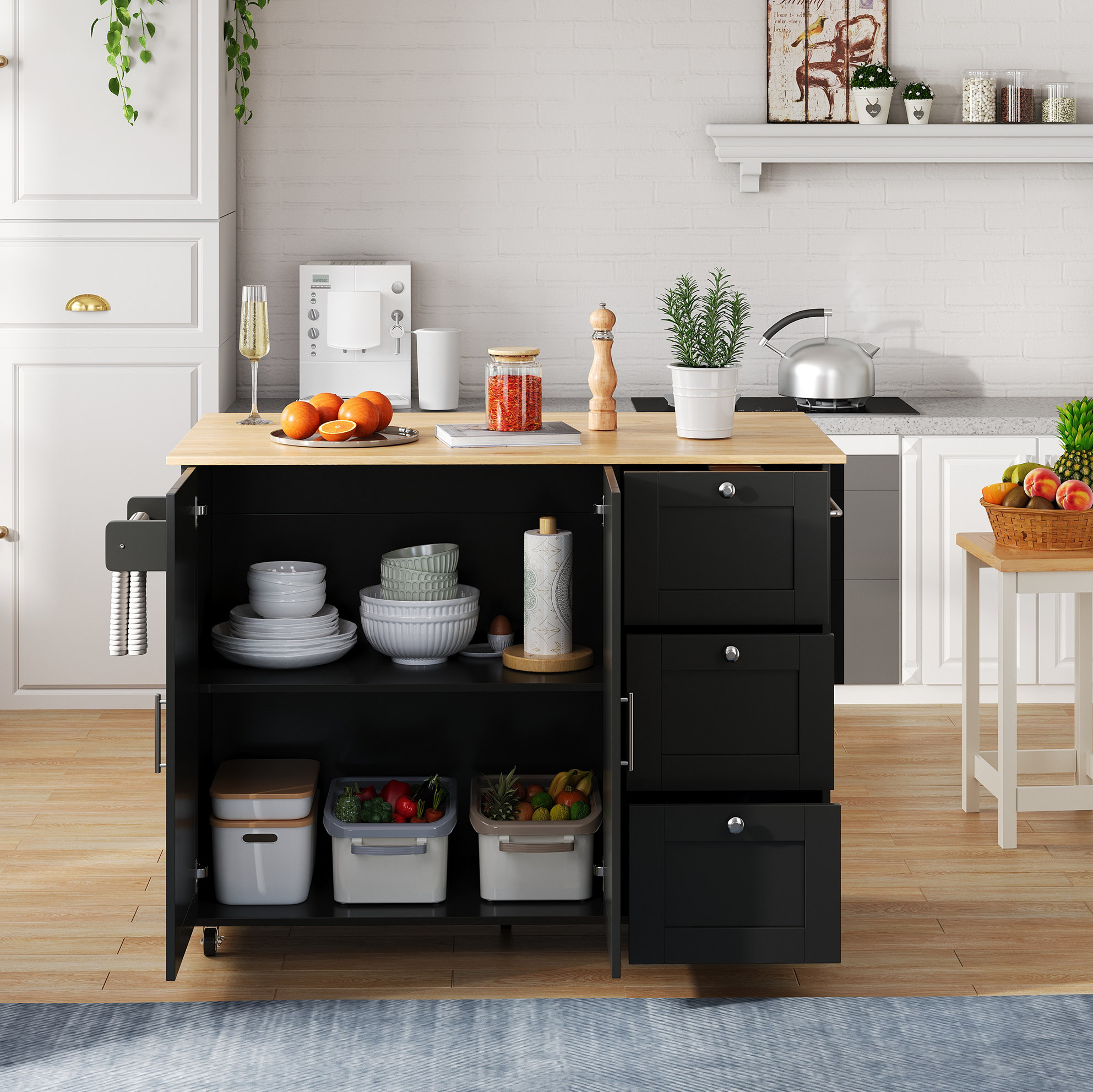 Kücheninsel 135x70x90 Cm Schwarz/natur Mdf Mit Klappbarer Arbeitsplatte, 3 Schubladen Und Rollen