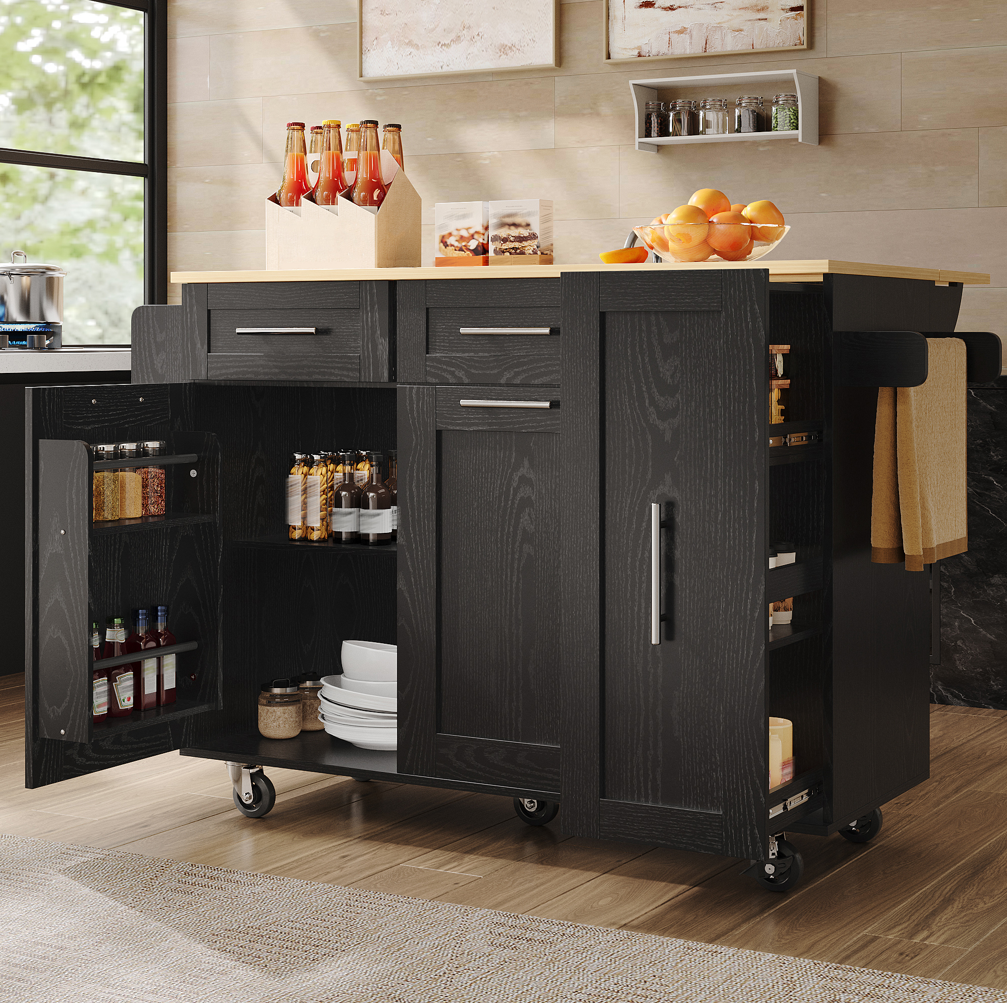 Kücheninsel 110x46x90.5 Cm Schwarz Aus Mdf Und Metall Mit Klappbarer Tischplatte Und Rollen