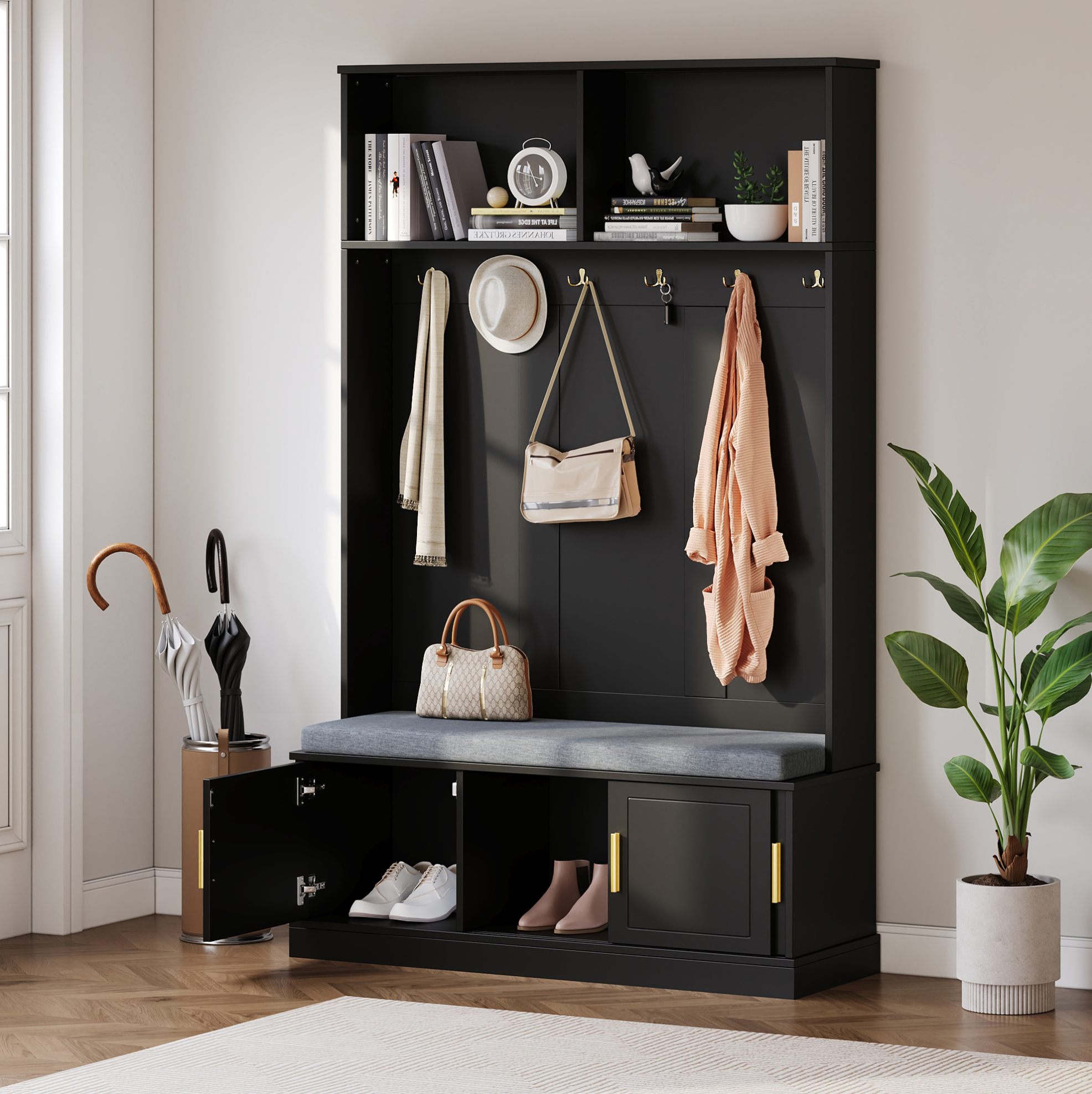 Garderobenständer 120x40x191 Cm Schwarz Aus Spanplatte Mit Sitzbank, Schuhregal Und 6 Dreifachhaken