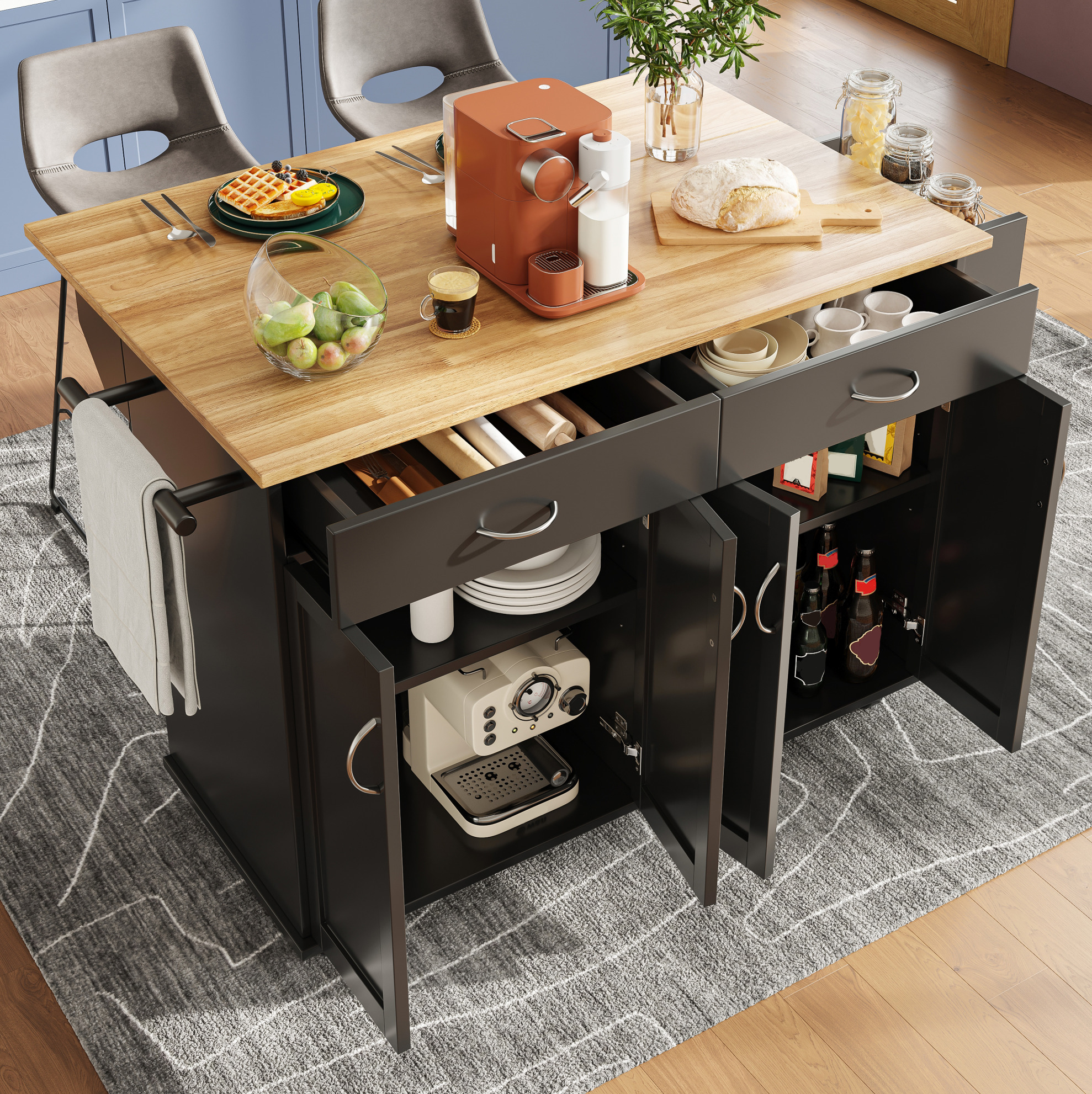 Kücheninsel 106x50x90.5 Cm Schwarz Aus Mdf Mit Klappbarer Platte Und Rollen