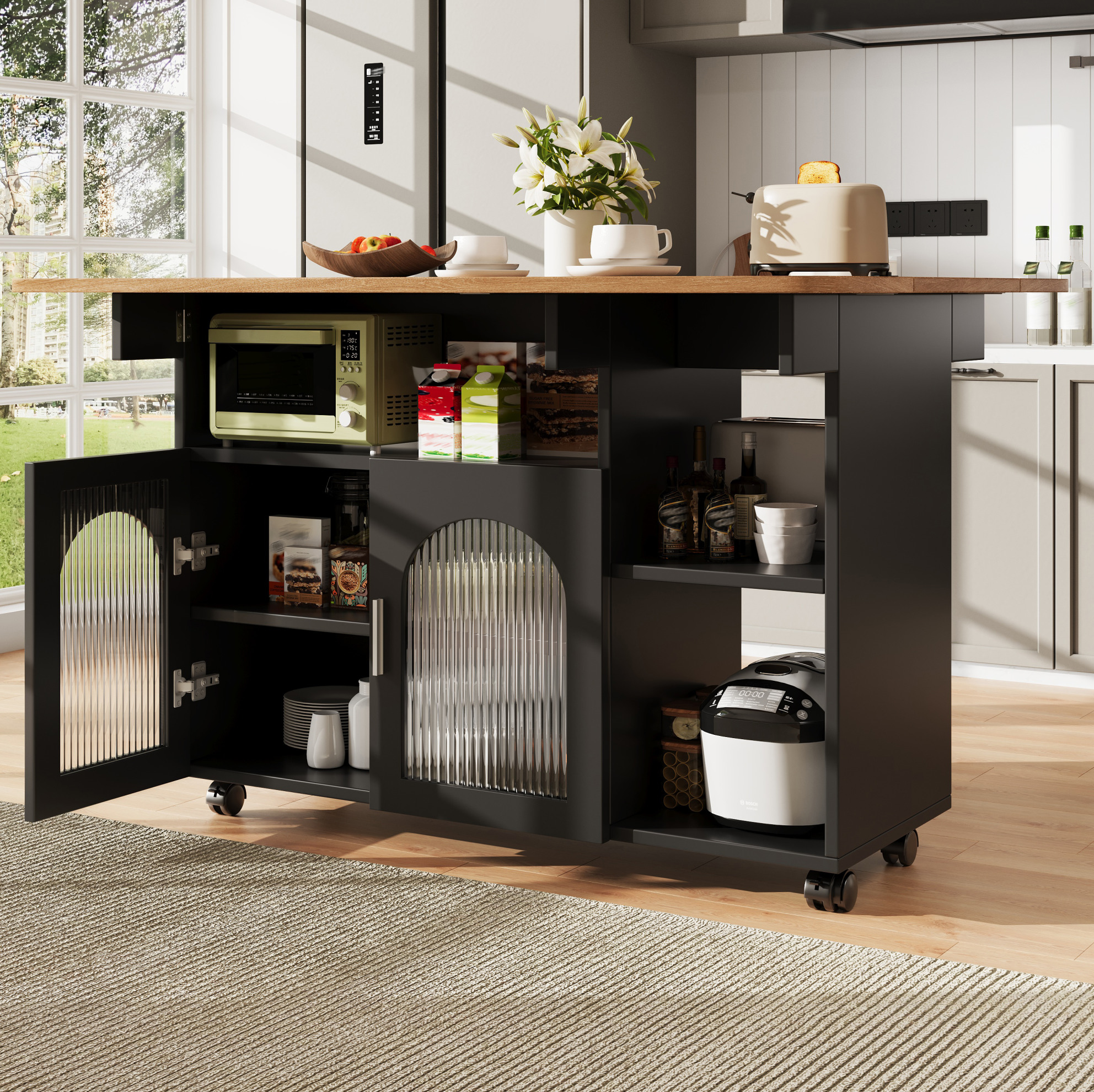Kücheninsel 120x30x79.5 Cm Schwarz/natur Aus Mdf Und Glas Mit Klappbarer Tischplatte Und Rollen